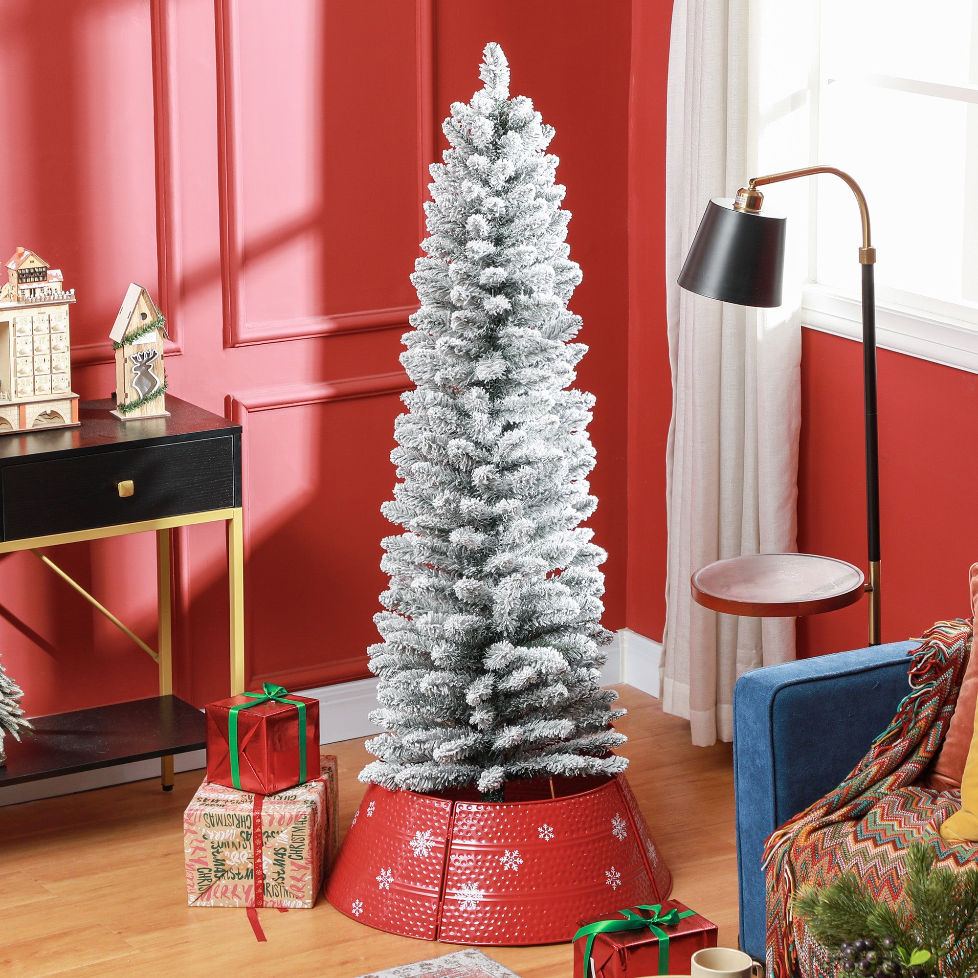 HOMCOM 5ft Artificial Snowy Pencil Christmas Tree - Green - North Peak Garden Furniture