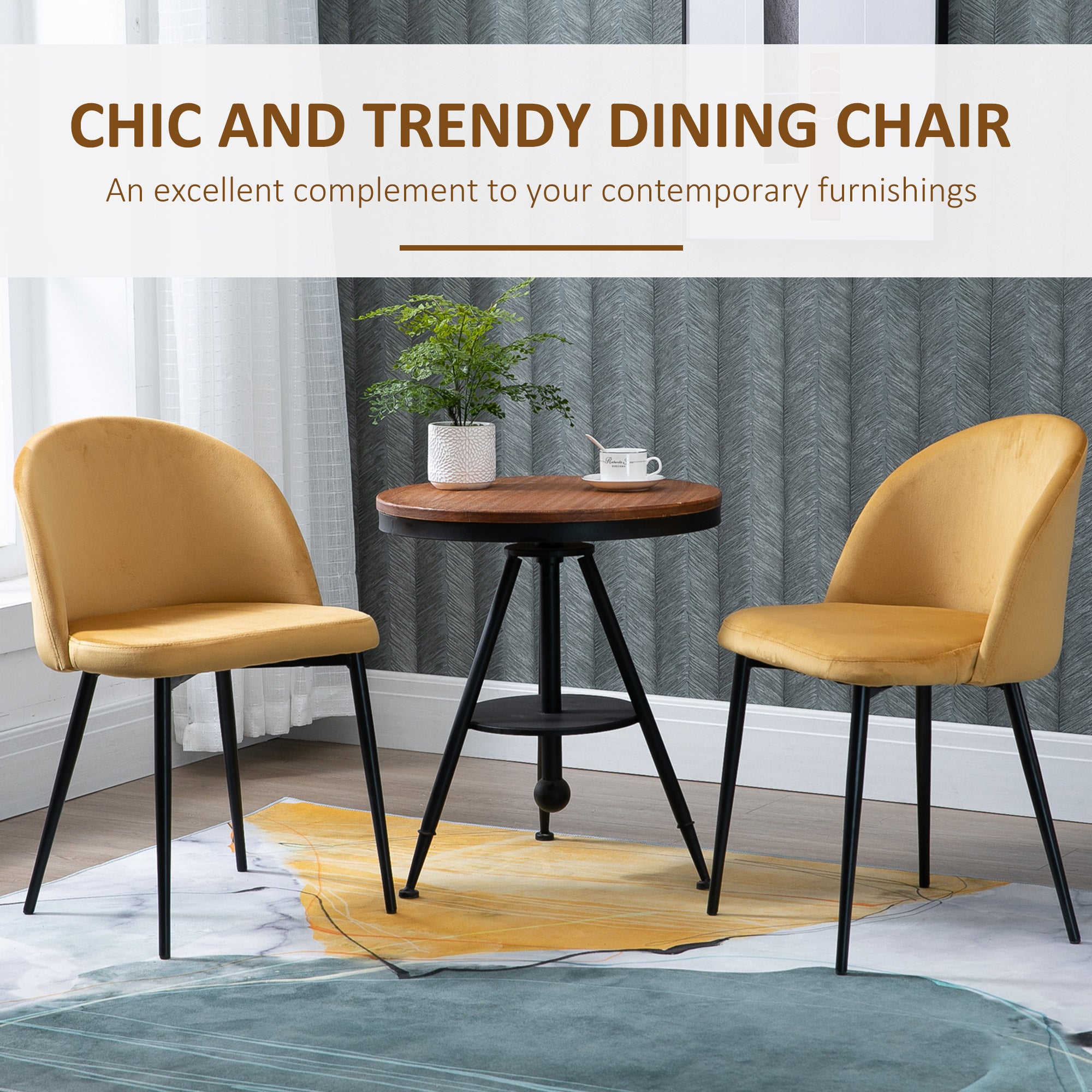 HOMCOM Dining Chairs Set of 2 Contemporary Design for Office Dining Kitchen with Soft Fabric Seat and Back Living Room, Yellow - North Peak Garden Furniture