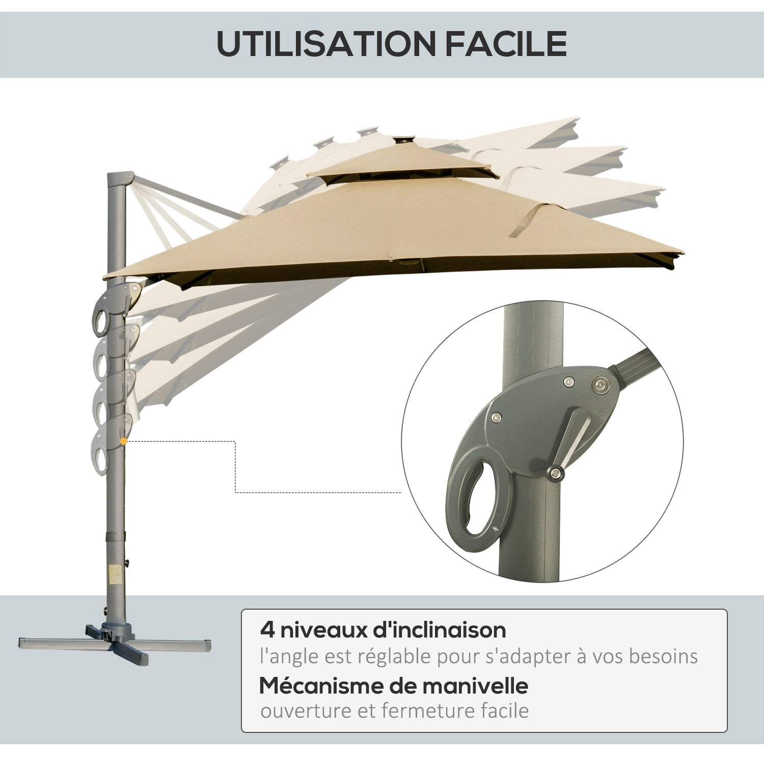 Outsunny 3 x 3(m) Aluminium Sun Square Canopy Top w/ Adjustable Pole Angle Khaki - North Peak Garden Furniture