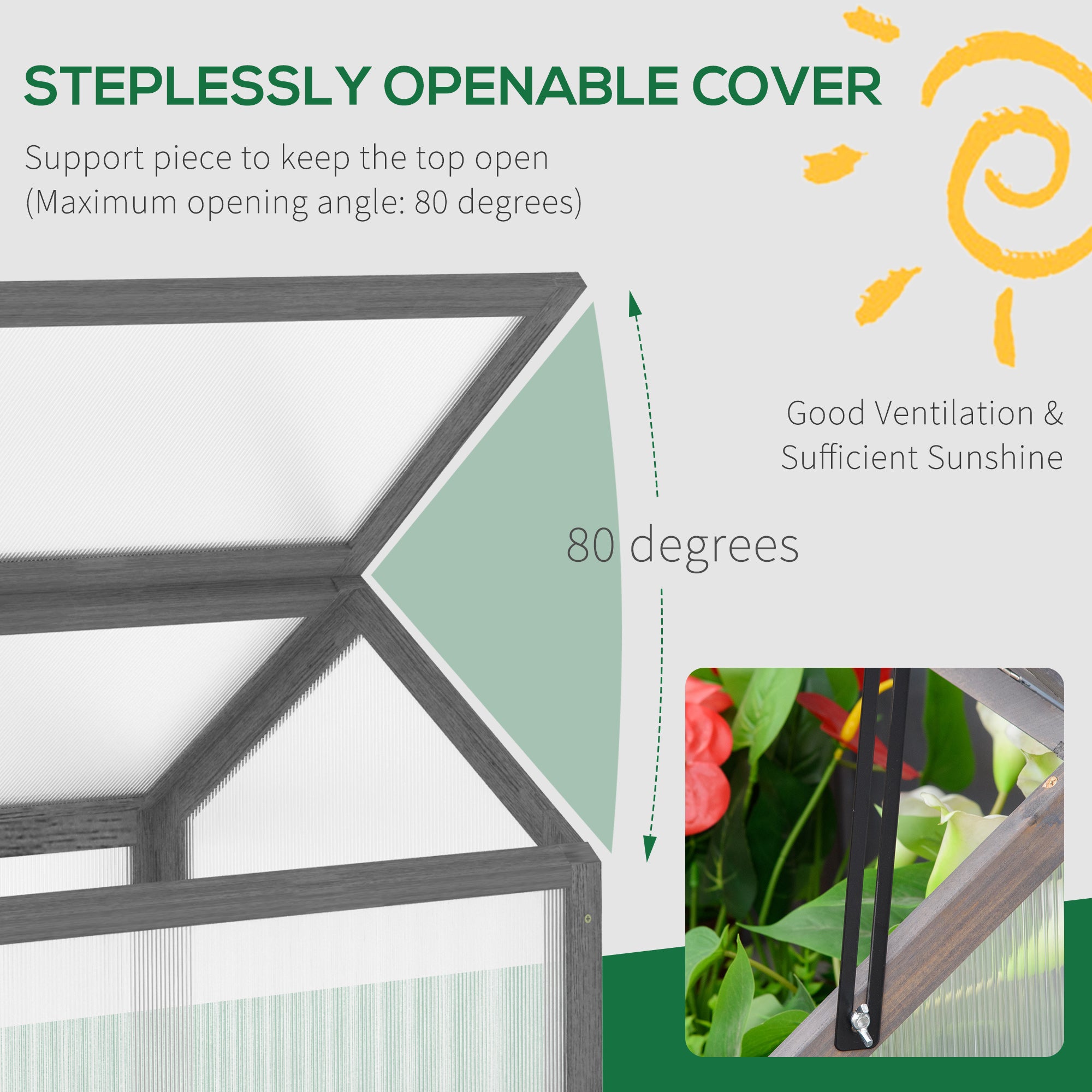 Outsunny Wooden Cold Frame Garden Polycarbonate Greenhouse with Openable Top Cover, Grow House for Flowers, Vegetables, Plants, 90 x 52 x 50cm, Grey - North Peak Garden Furniture
