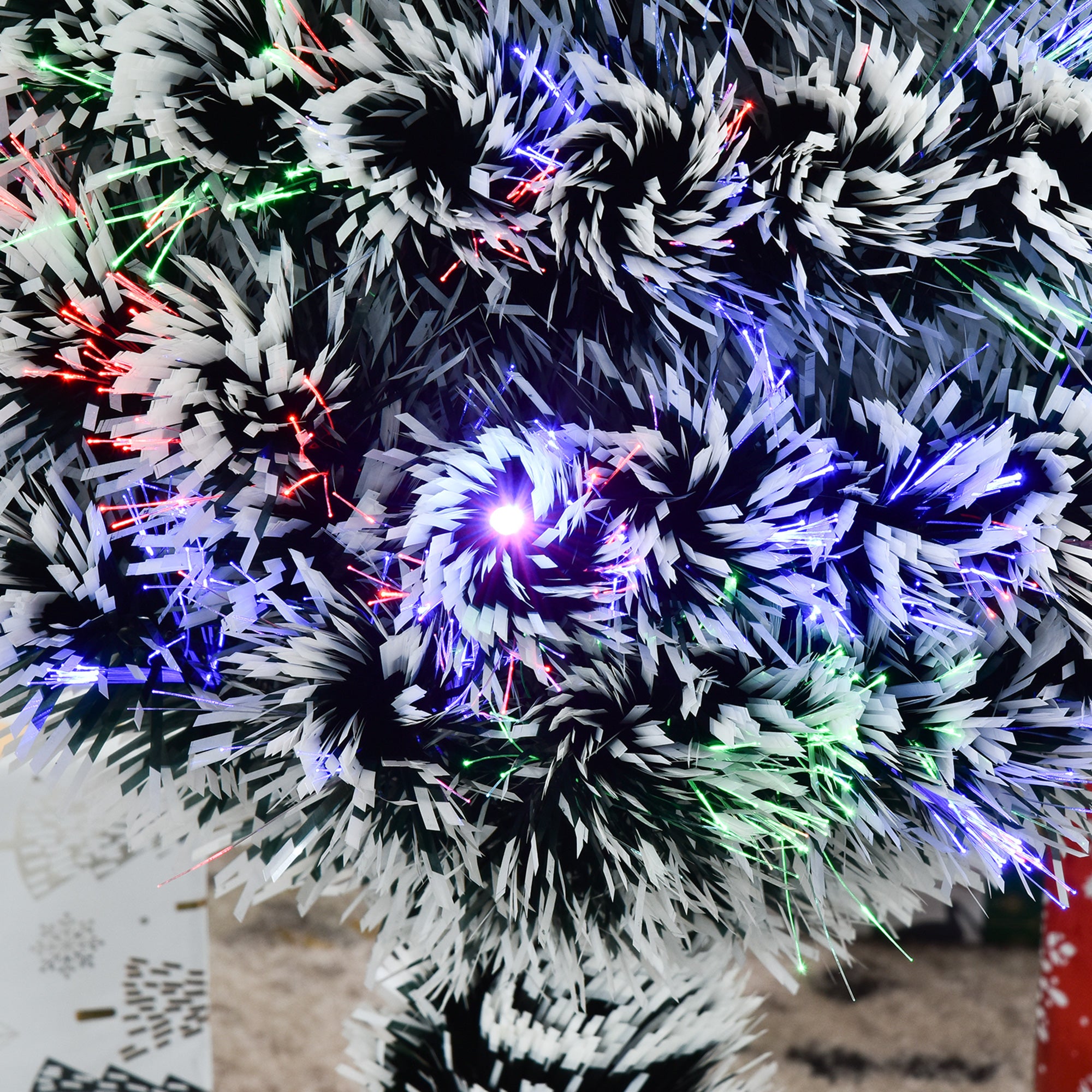HOMCOM 3ft Artificial Prelit Christmas Tree, Snow Xmas Tree with Colourful LED Lighting Fiber Optics, Green White - North Peak Garden Furniture