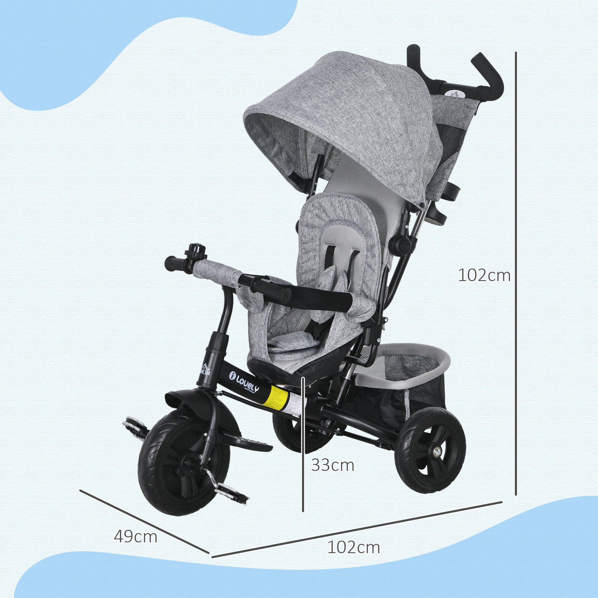 HOMCOM 6 in 1 Kids Trike Push Bike w/ Push Handle, Canopy, 5-point Safety Belt, Storage, Footrest, Brake, for 1-5 Years, Grey - North Peak Garden Furniture