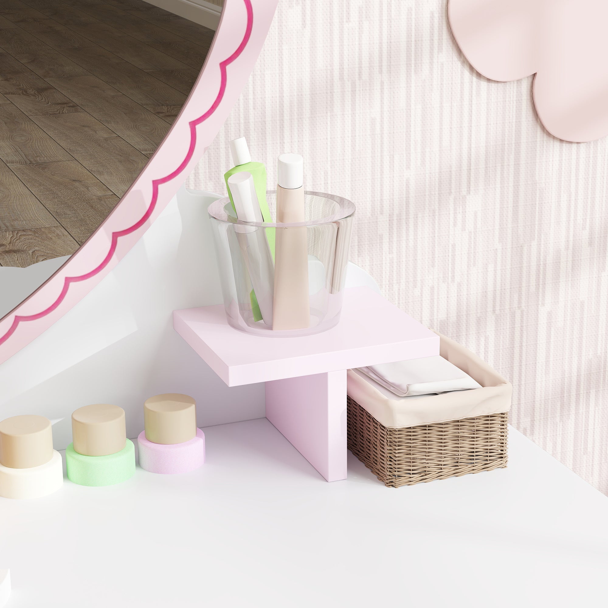 AIYAPLAY Kids Dressing Table Set, Vanity Table with Stool, Mirror, Drawer, Desktop Storage, Heart Theme, Pink - North Peak Garden Furniture