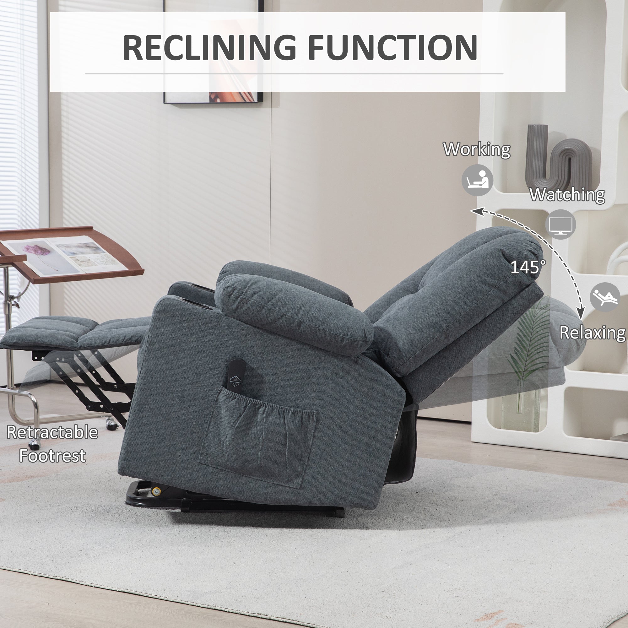HOMCOM Oversized Riser and Recliner Chairs for the Elderly, Fabric Upholstered Lift Chair for Living Room with Remote Control, Side Pockets, Cup Holder, Grey - North Peak Garden Furniture