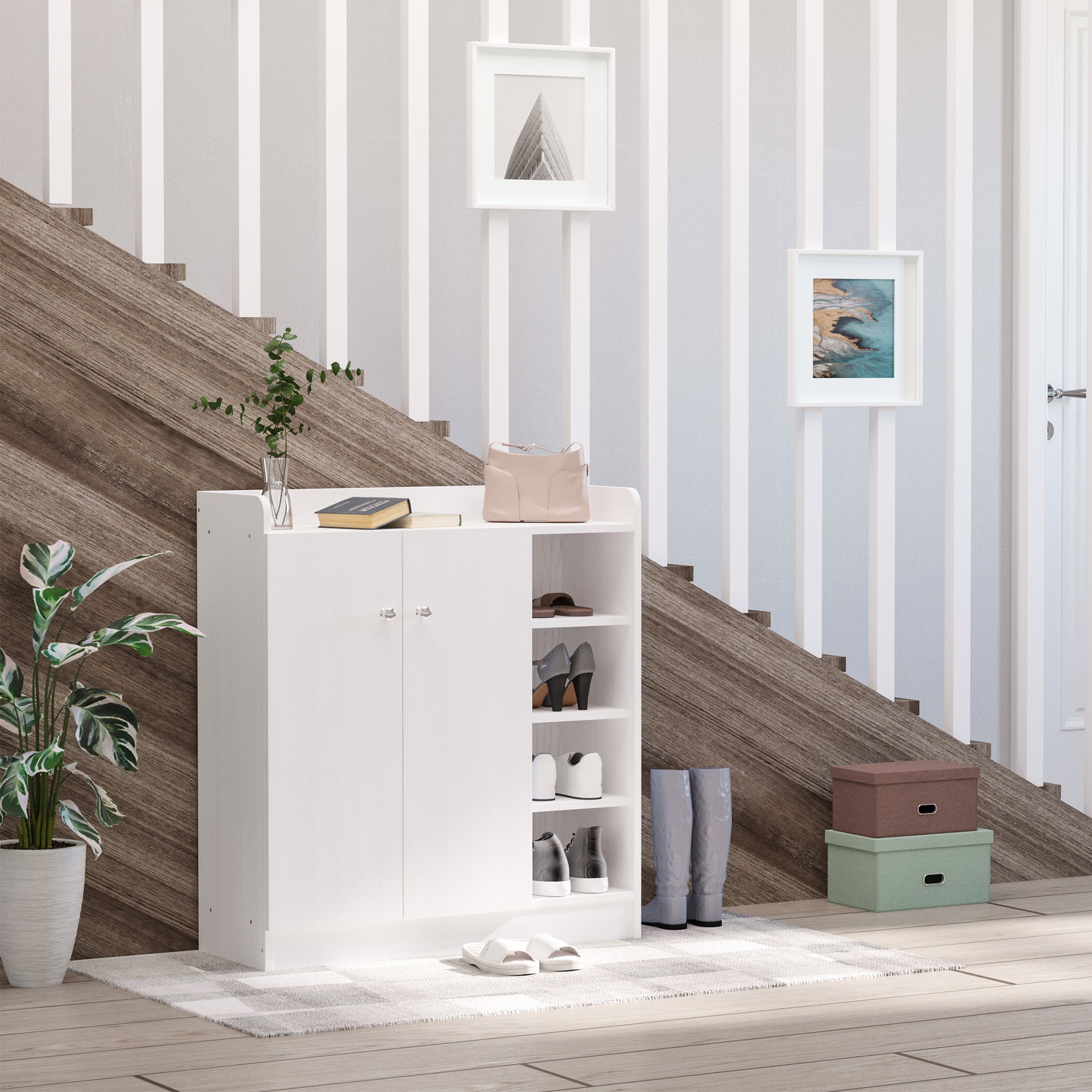 HOMCOM Shoe Storage Cabinet Two Doors w/ Adjustable 4 Shelves Cupboard Footwear Rack Stand Organiser Hallway White - North Peak Garden Furniture