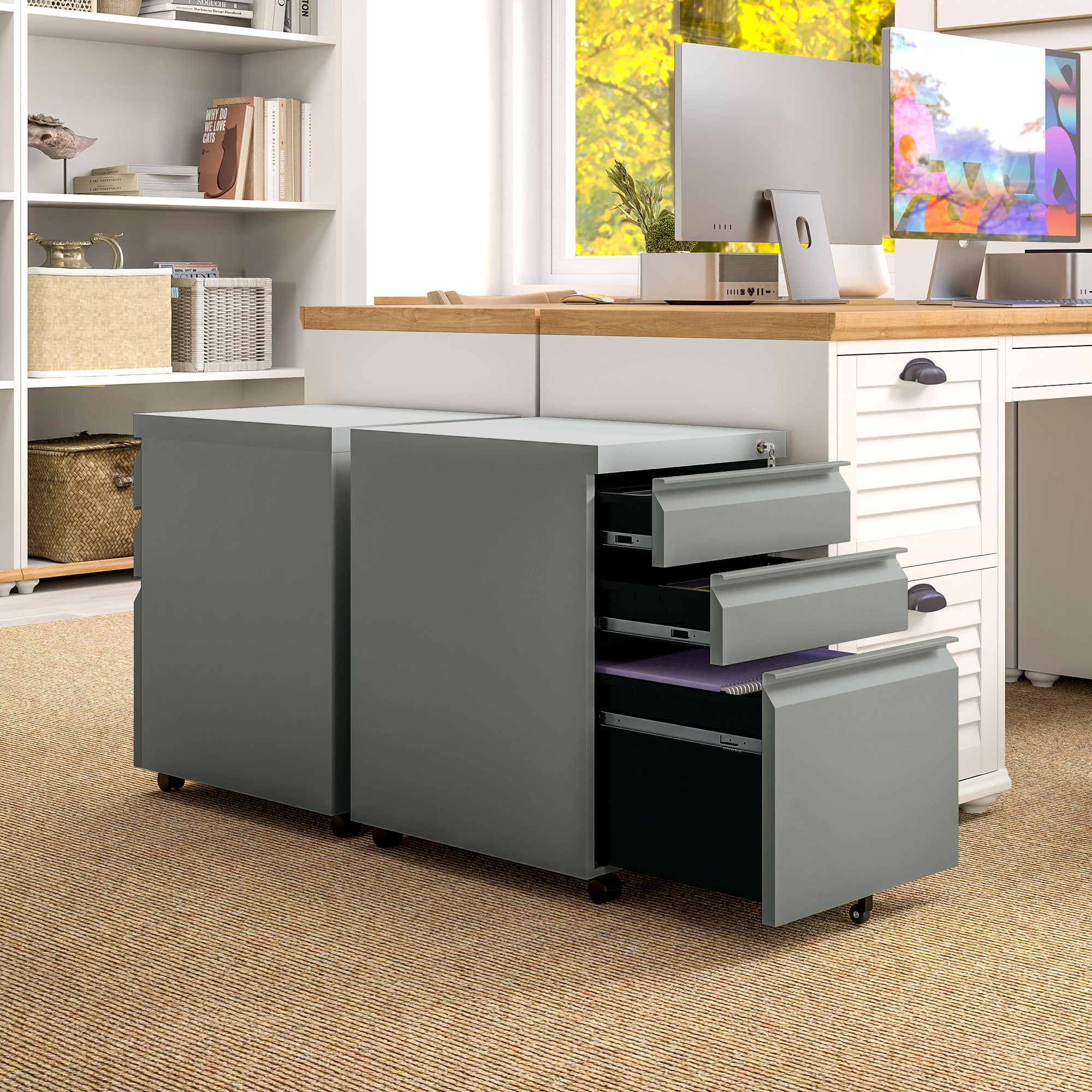 Vinsetto 3 Drawer Filling Cabinet, Mobile Metal File Cabinet with Anti-tilt Design for Letter, A4, Legal Size, Grey - North Peak Garden Furniture