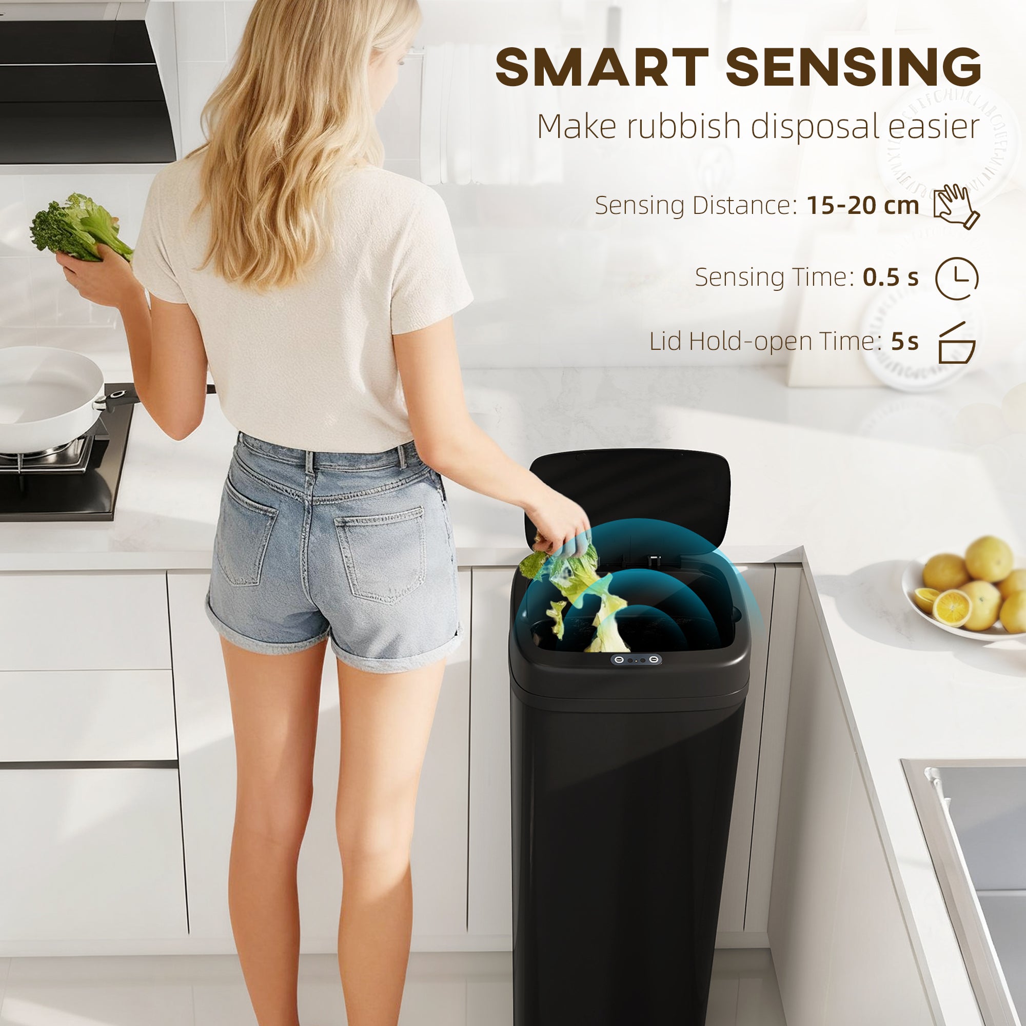 HOMCOM 50L Stainless Steel Sensor Bin - Black