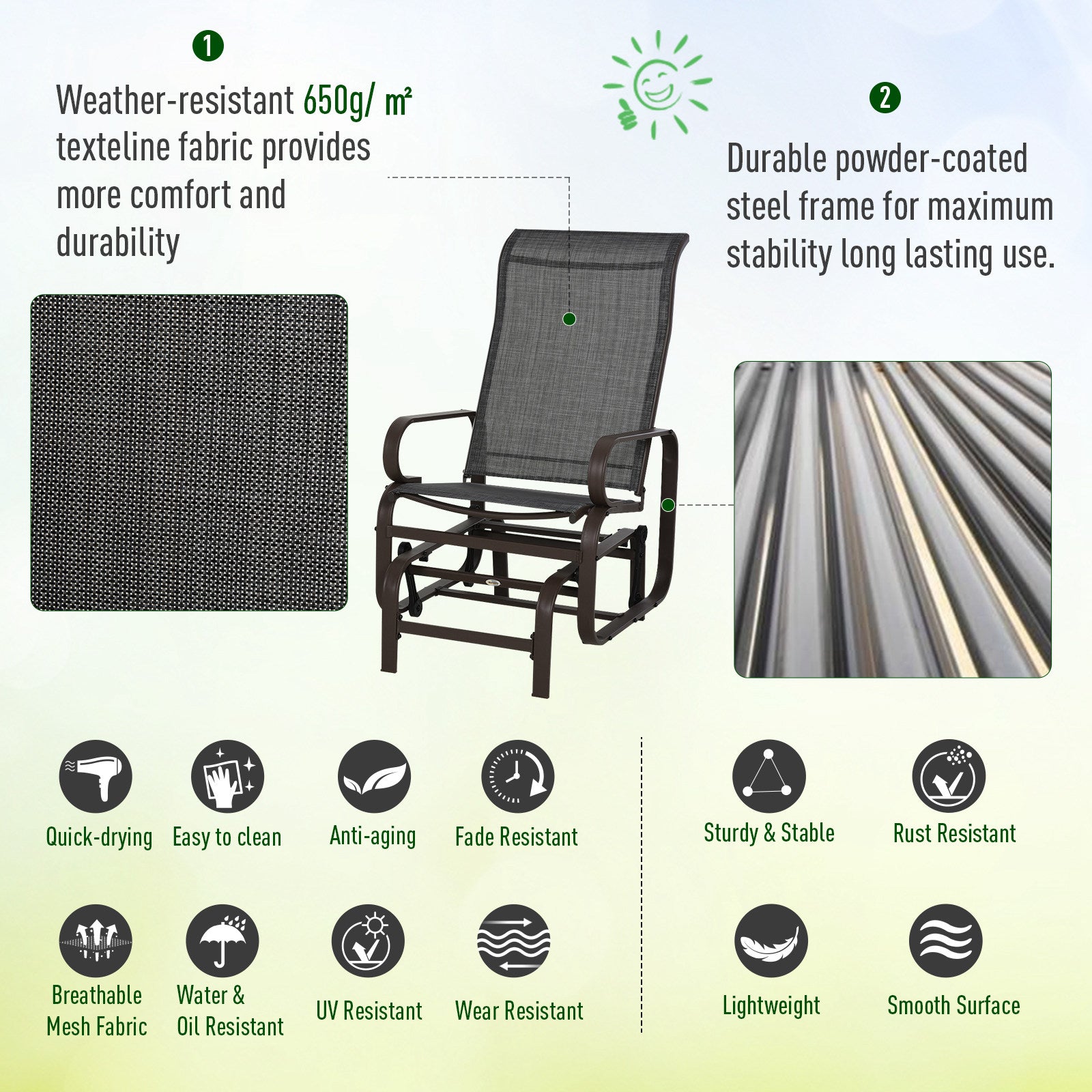 Outsunny 3 Pieces Garden Gliding Chair Set, Metal Frame 2 Single Armchair Swing Seater and 1 Glass Top Coffee Table w/ Breath Mesh Fabric Seat, Brown - North Peak Garden Furniture