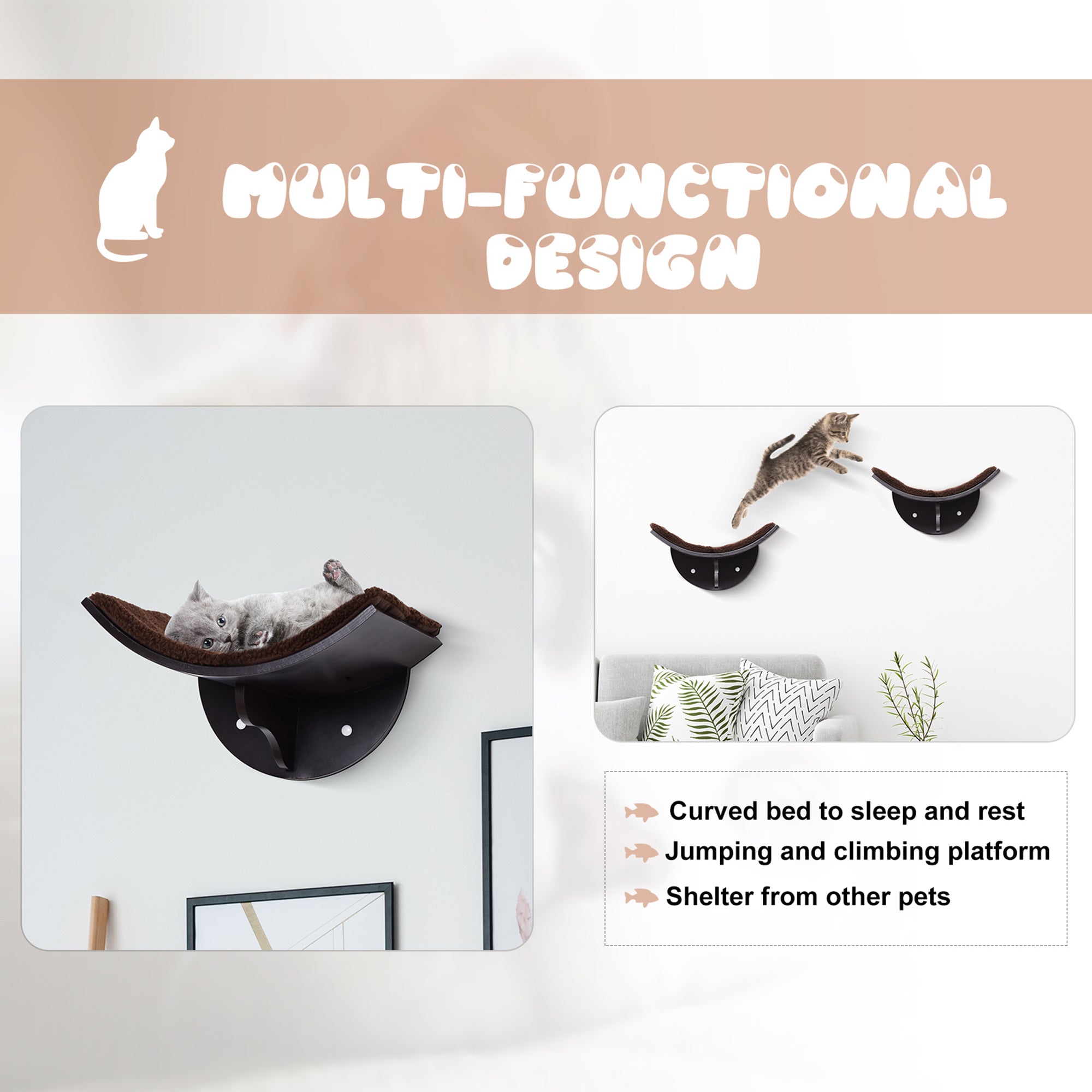 PawHut Wood Cat Shelves Wall-Mounted Shelter Curved Kitten Bed Cat Perch Climber Cat Furniture 41 x 28 x 21cm Brown - North Peak Garden Furniture