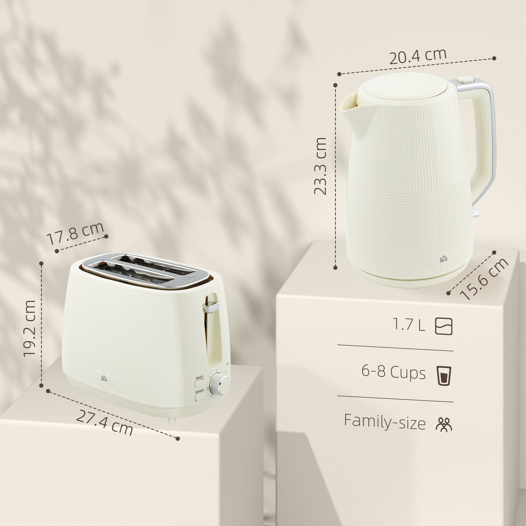 HOMCOM Kettle and Toaster Set, 1.7L 3000W Fast Boil Kettle & 2 Slice Toaster Kitchen Set with 7 Level Browning Controls, Defrost, Reheat, Boil-dry Protection, Cream White - North Peak Garden Furniture