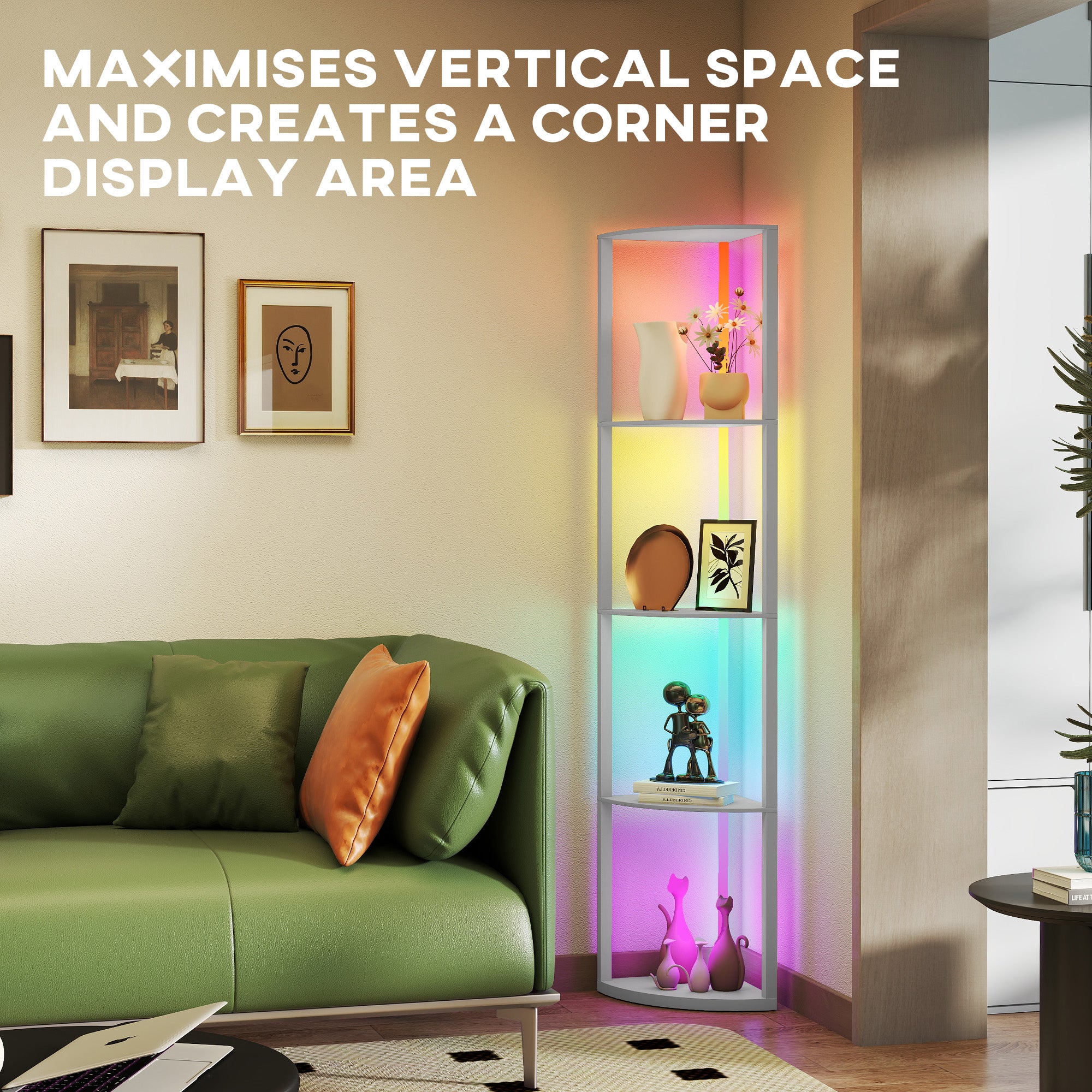 HOMCOM RGB LED Floor Lamp with Shelves, 5-Tier Dimmable Standing Lamp with Adjustable Brightness and Remote Control, Modern Corner Display Shelf Unit for Living Room Bedroom Office, Grey