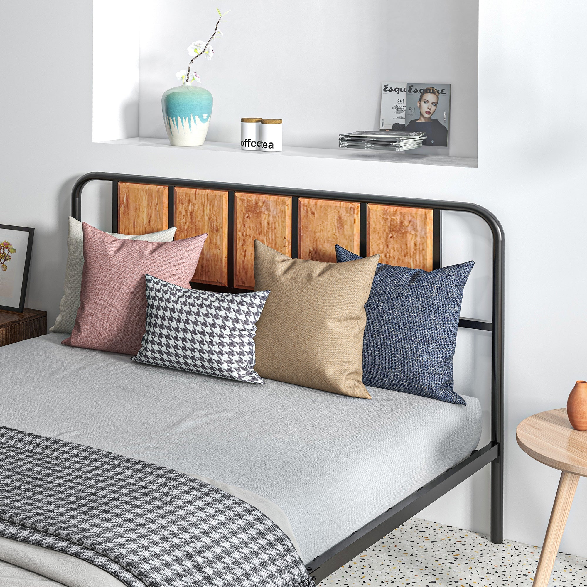 HOMCOM 5.2ft King Bed Frame with Industrial Wood Headboard, Steel Slat Support and 31cm Underbed Storage Space, 160 x 207cm, Rustic Brown - North Peak Garden Furniture
