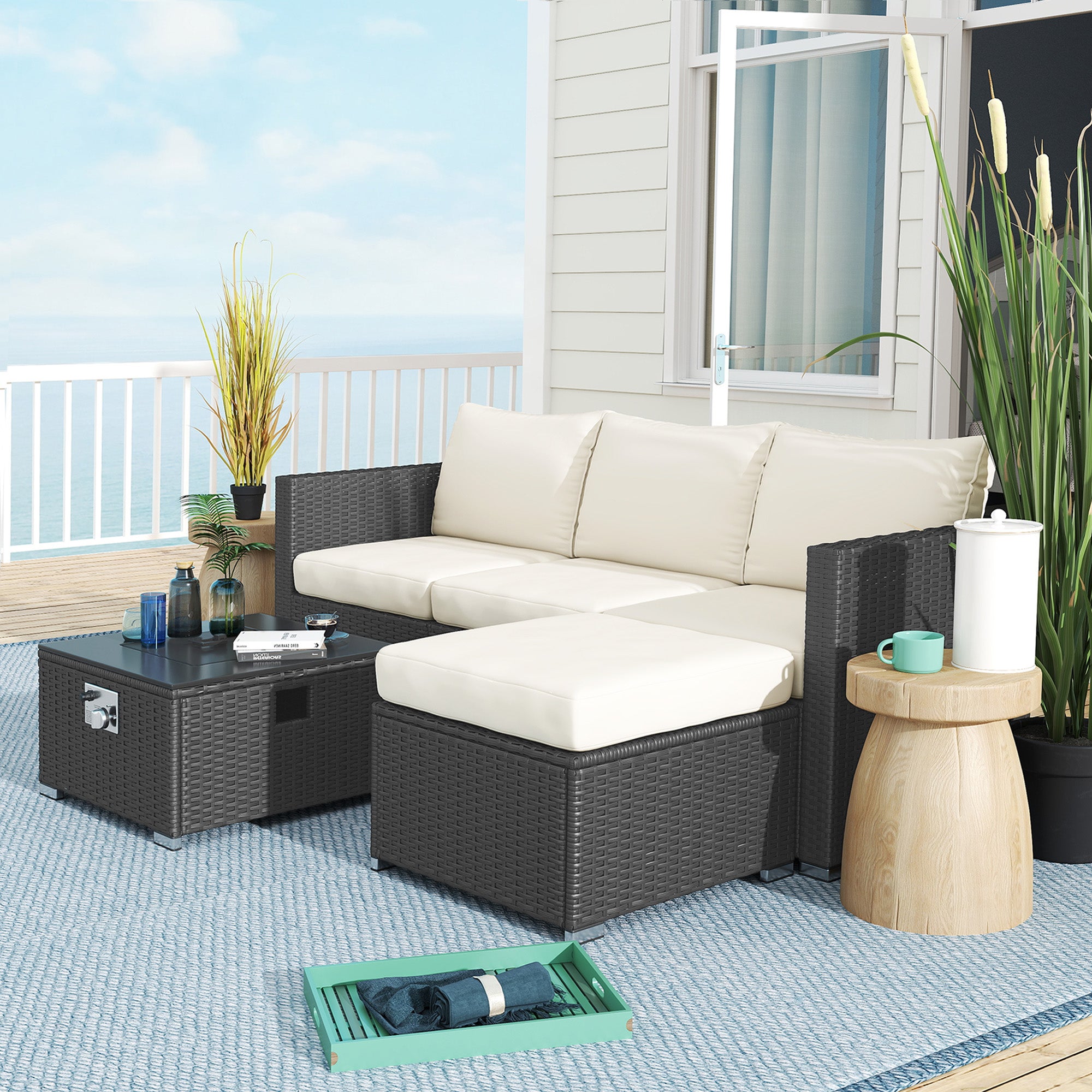 Outsunny Five Piece Rattan Garden Furniture Set with Gas Fire Pit Table and Footstool - Black and Cream White - North Peak Garden Furniture