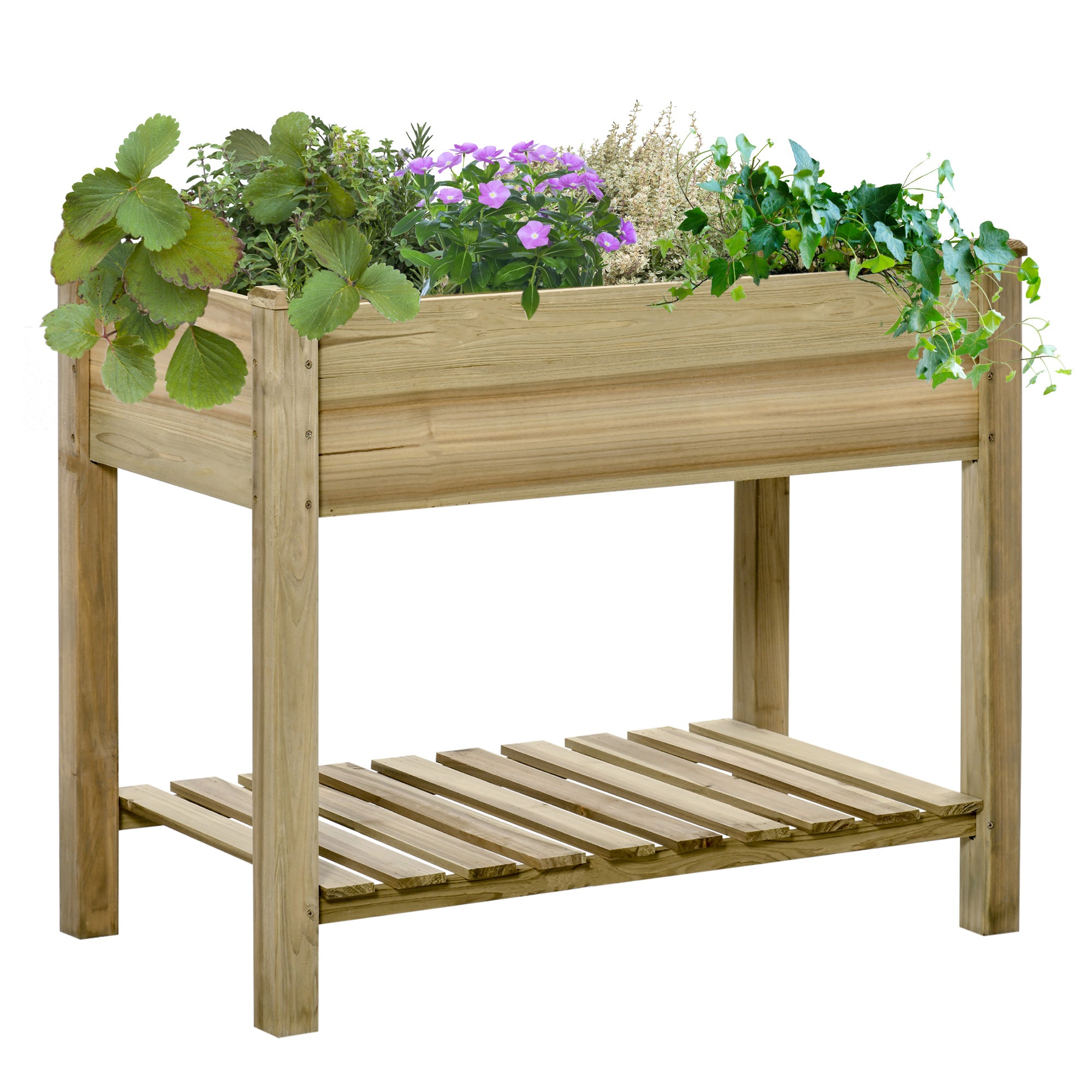 Outsunny Garden Wooden Planters， Raised Garden Bed with Legs and Storage Shelf Elevated Wooden Planter Box