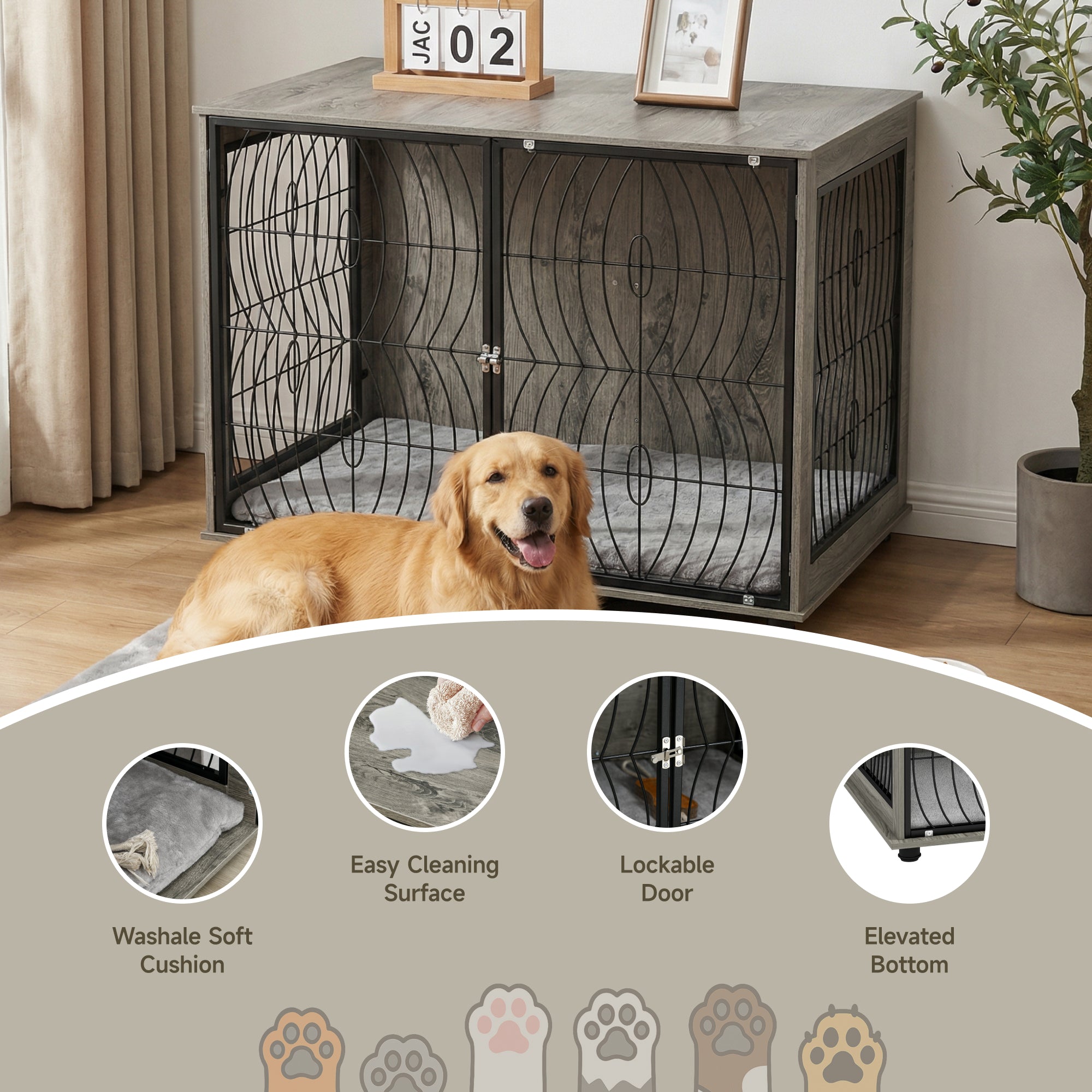 PawHut Dog Crate Furniture End Table w/ Plush Washable Cushion, Lockable Door, for Extra Large Dogs
