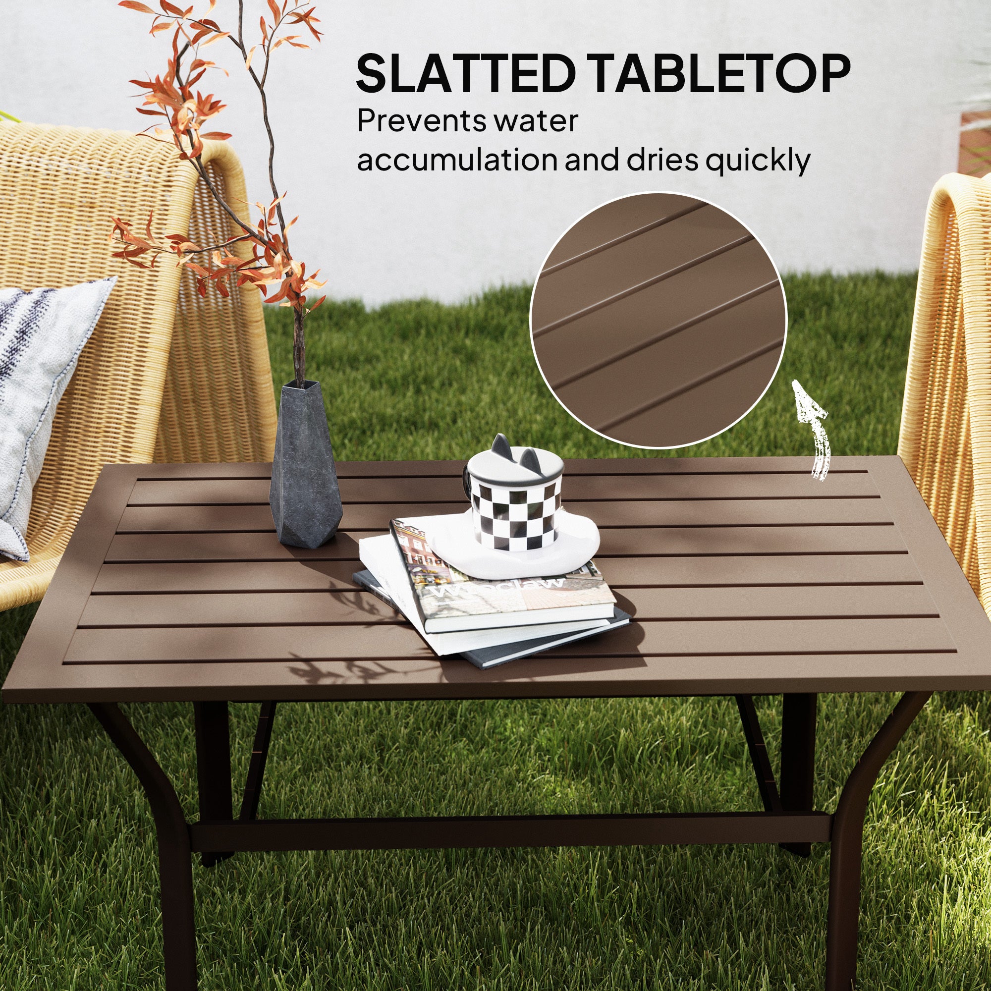 Outsunny Metal Garden Coffee Table, Rectangular Outdoor Side Table with Slatted Tabletop, Foot Pads for Outside, Garden, Balcony, Porch, 91.5 x 55 x 45cm, Brown - North Peak Garden Furniture