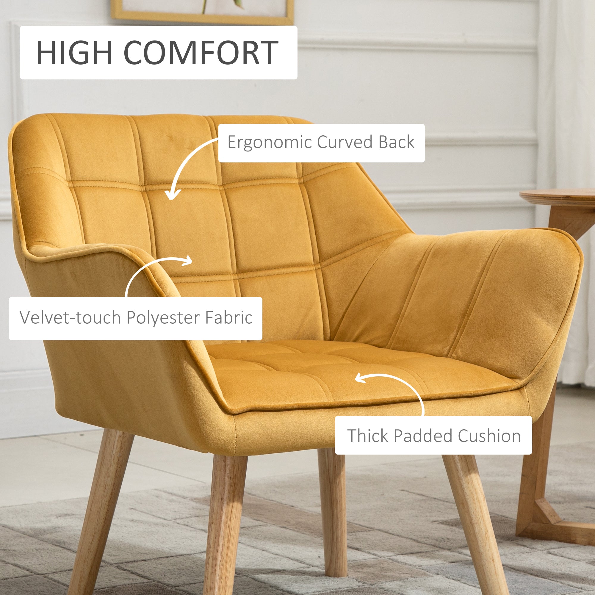 HOMCOM Armchair Accent Chair, Vanity Chair with Wide Arms, Slanted Back, Padding, Metal Frame, Wooden Legs, Home Bedroom Furniture Seating, Set of 2, Yellow - North Peak Garden Furniture