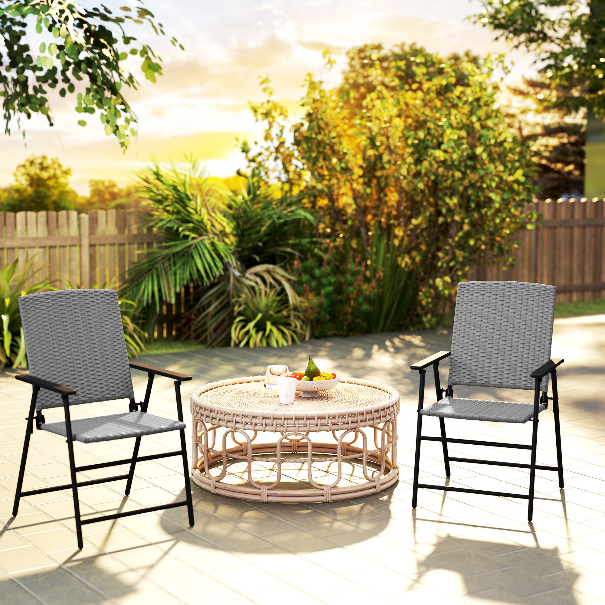 Outsunny Set of Two Folding Rattan Seat Chairs - Grey - North Peak Garden Furniture
