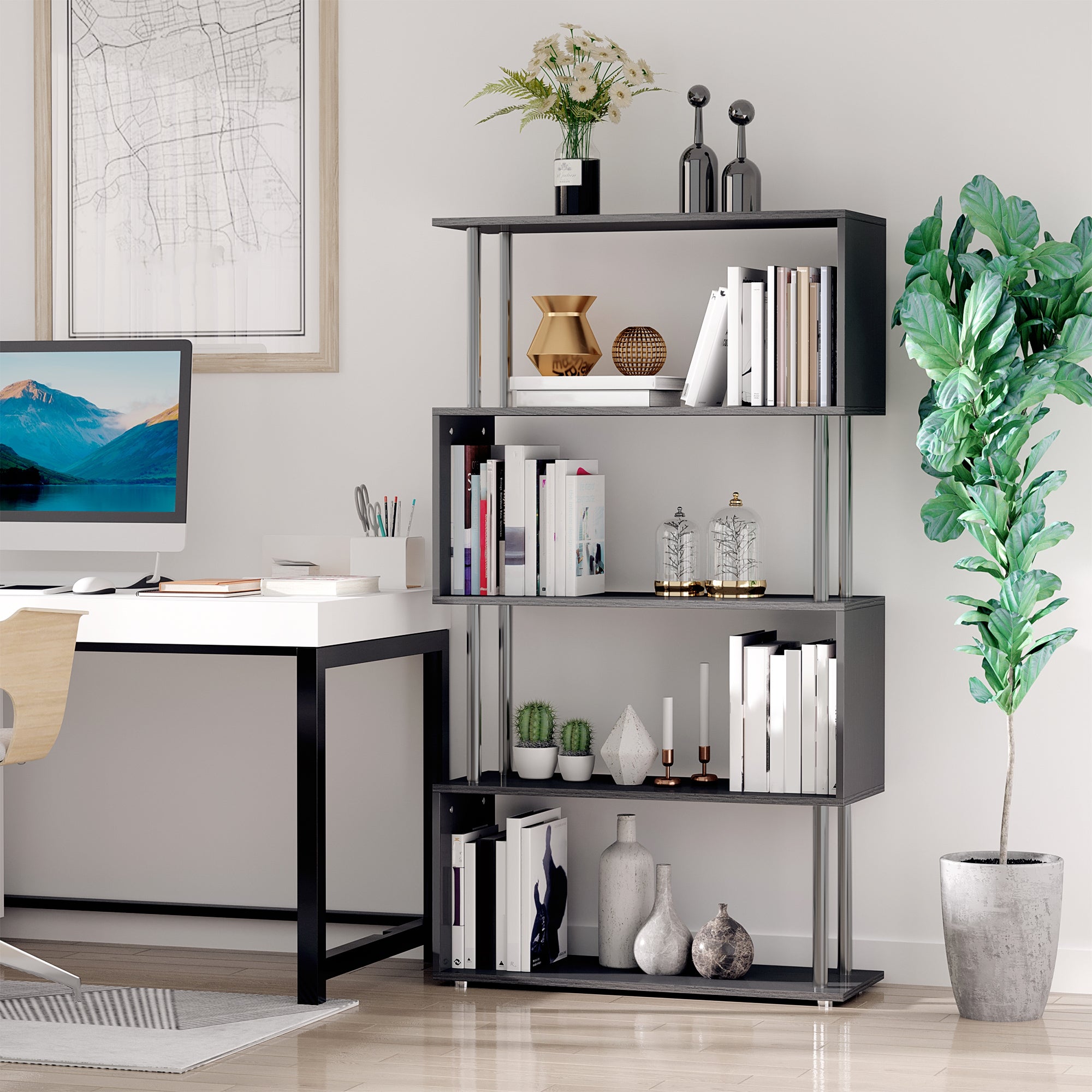 HOMCOM S Shape Bookcase, 5 Tiers Bookshelf, Modern Freestanding Storage Shelf for Home Office, Study, Living Room, 80 x 30 x 145cm Black - North Peak Garden Furniture