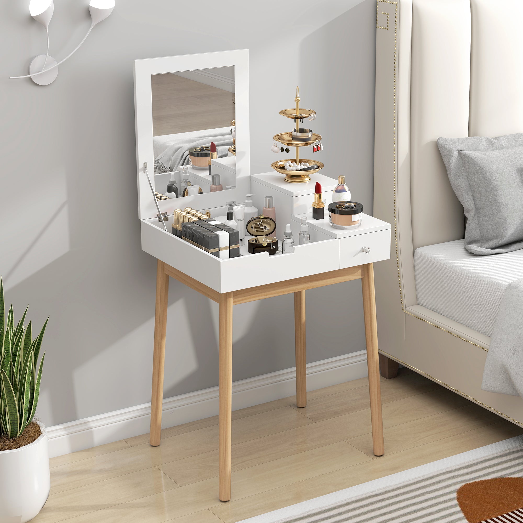 HOMCOM MDF,Pine Dressing Table Desk Flip-up Mirror Multi-purpose 2 Drawers Modern - White