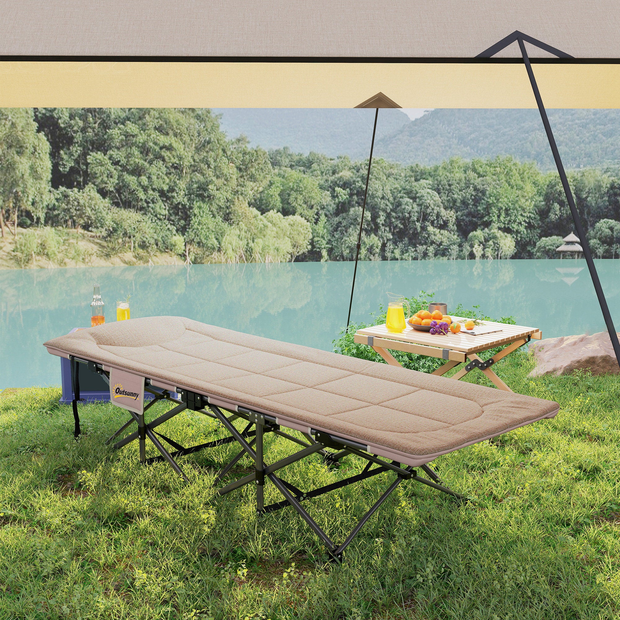 Outsunny Folding Camping Bed for Adults with Cushion, Heavy Duty Portable Travel Camping Cot with Headrest, Side Pocket and Non-Slip Foot Pads for Outdoor Beach Travel Office, Khaki - North Peak Garden Furniture