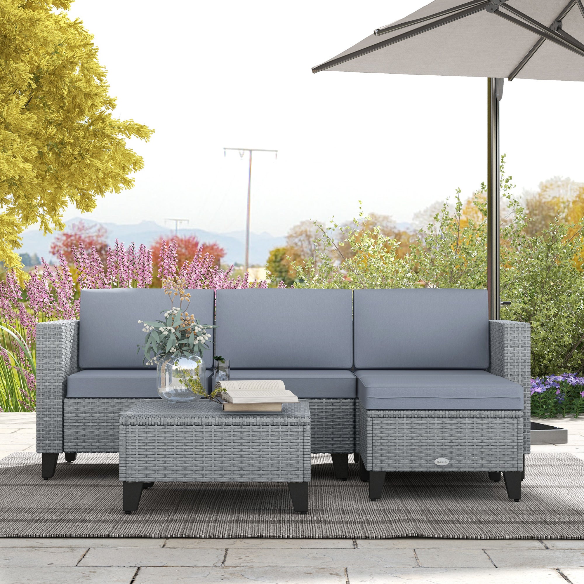 Outsunny 5-Piece Rattan Patio Furniture Set with Corner Sofa, Footstools, Coffee Table, for Poolside, Grey - North Peak Garden Furniture