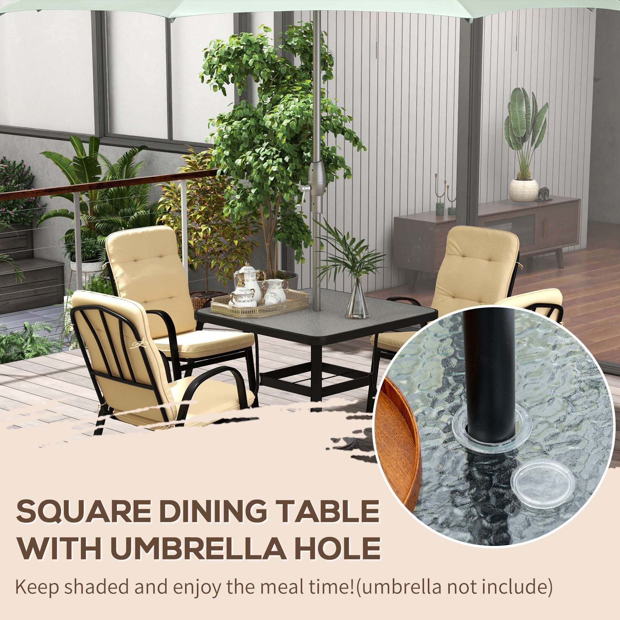 Outsunny 5 Pieces Outdoor Square Garden Dining Set w/ Tempered Glass Dining Table 4 Cushioned Armchairs, Umbrella Hole, Beige - North Peak Garden Furniture