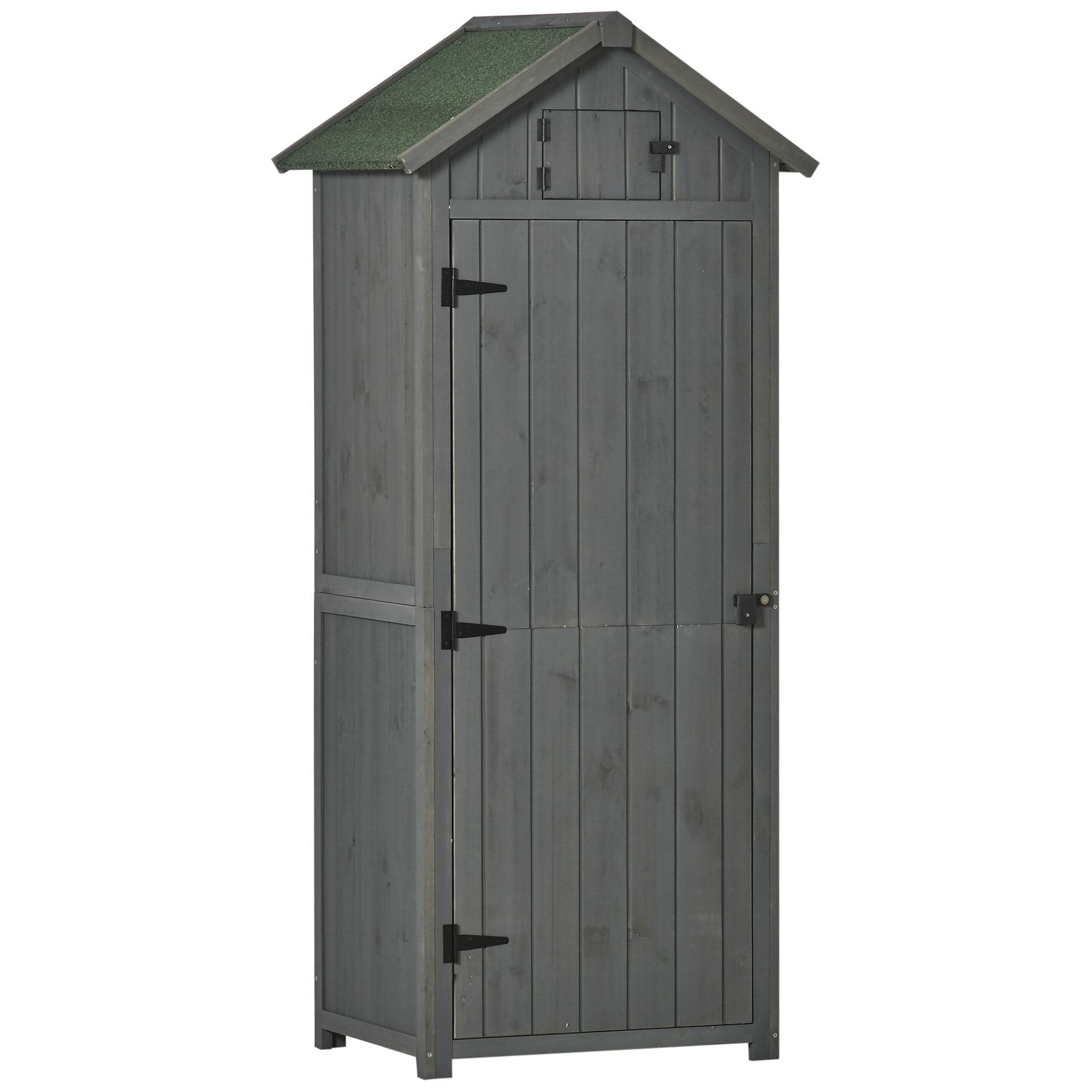 Outsunny Wooden Garden Shed, Utility Outdoor Small Shed with Lockable Double Doors, Shelves and Roof Hatch, Grey