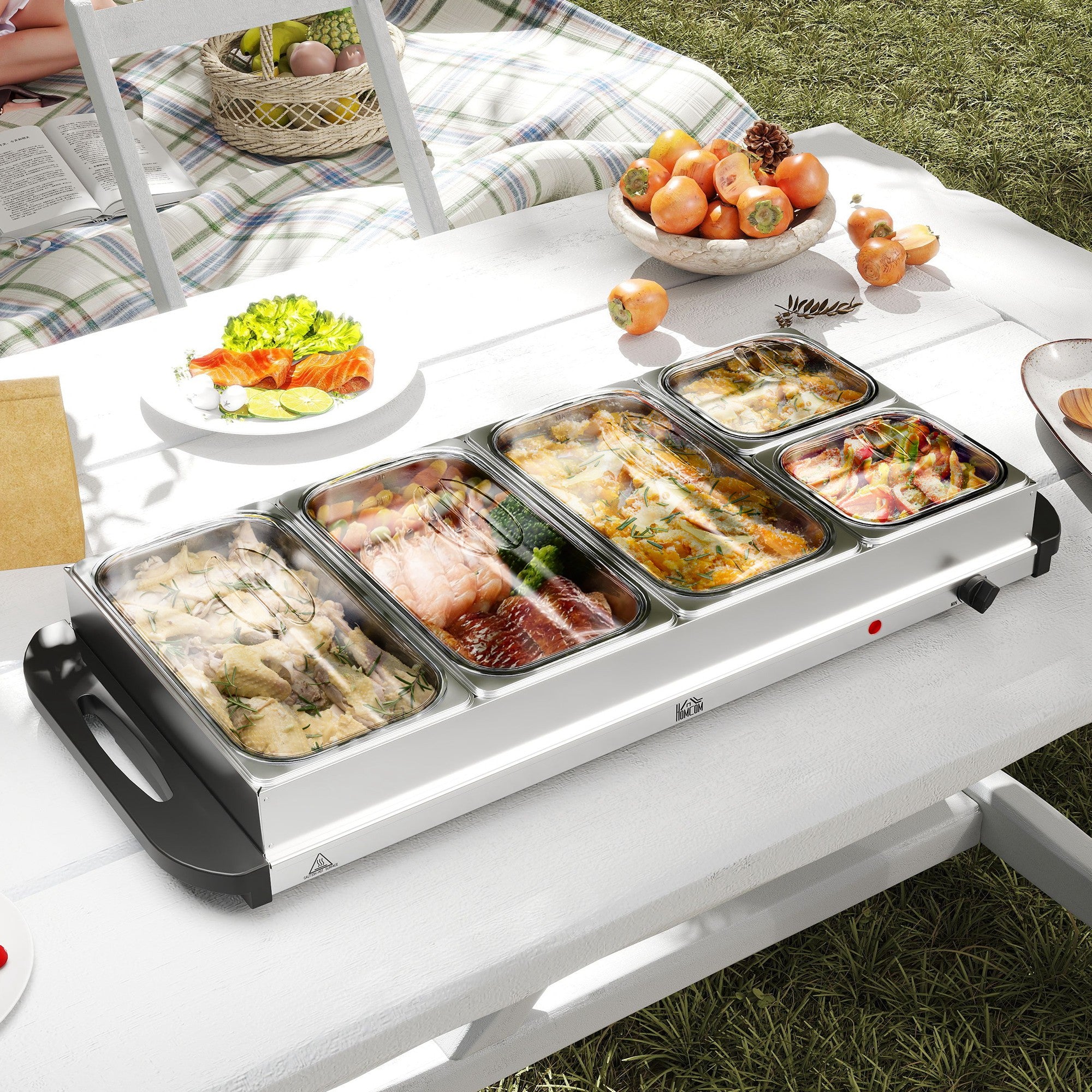HOMCOM 5 Tray Electric Food Warmer Buffet Server with Warming Plate, Cool Touch Handles, Adjustable Temperature, 300W, 3 x 2.4L and 2 x 1L Pans