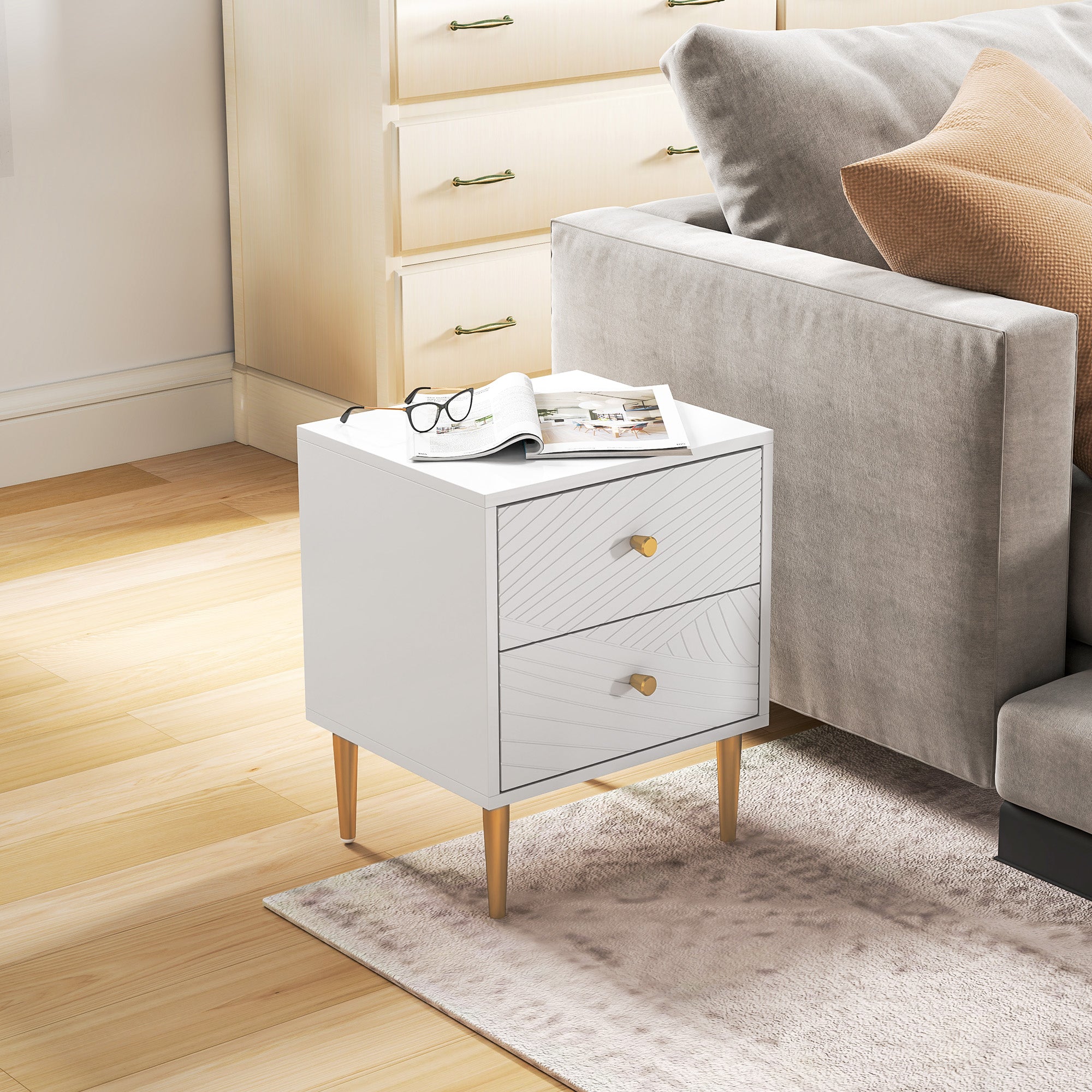 HOMCOM Elegant Two-Drawer Bedside Table - White/Gold-Tone - North Peak Garden Furniture