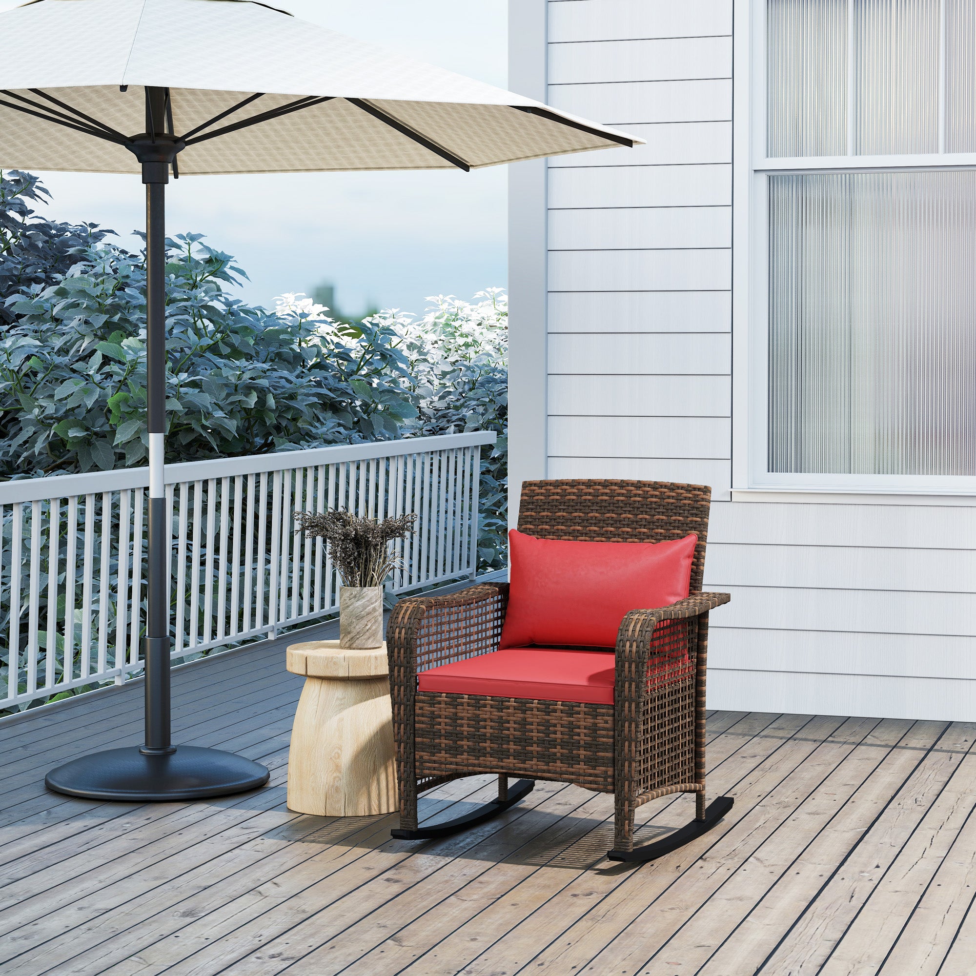 Outsunny Garden Rocking Chair, Outdoor Rattan Rocker Lounge Chair with Seat and Back Cushions, Patio Armchair Seat with All-weather Wicker, Steel Frame for Porch Balcony, Red - North Peak Garden Furniture