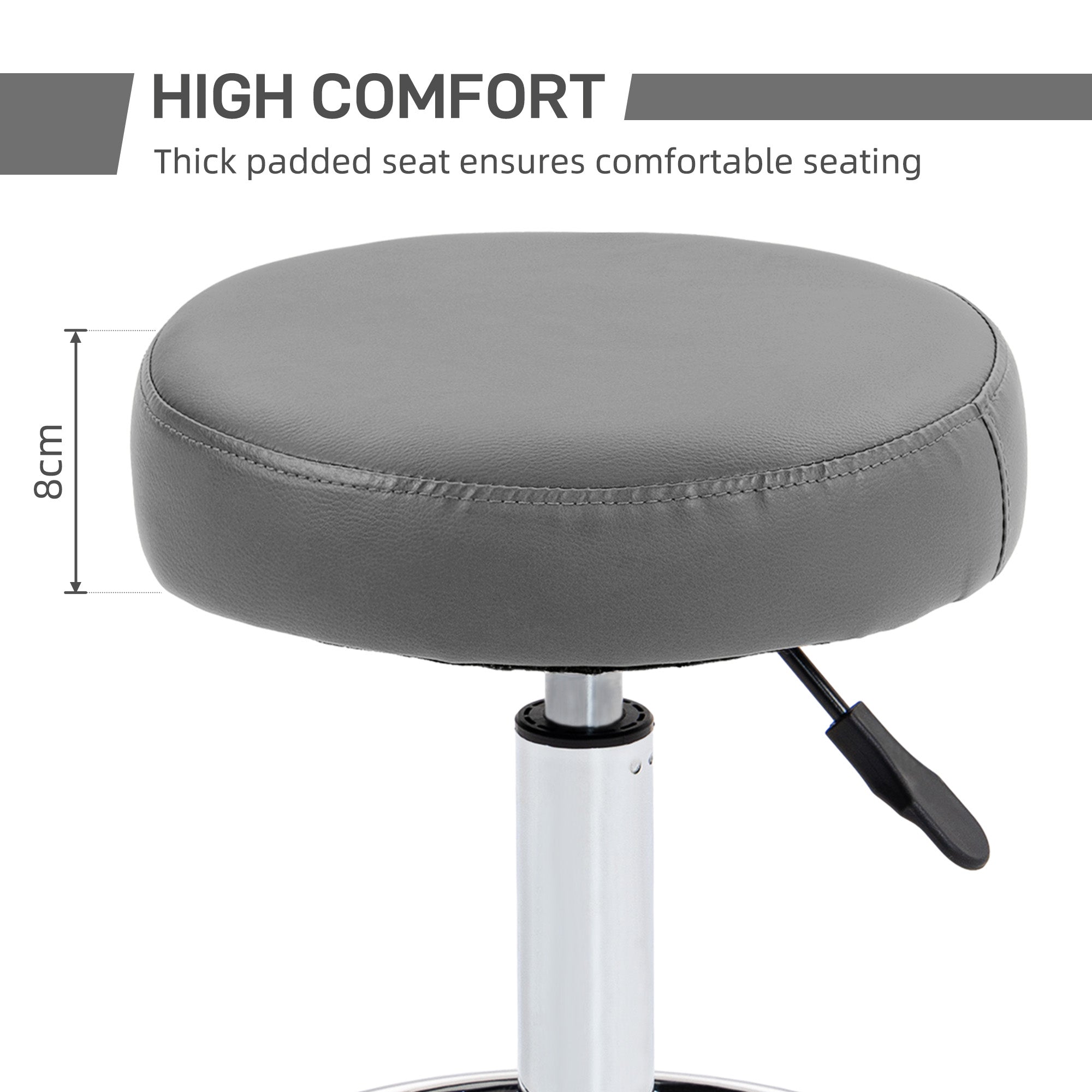 Vinsetto PU Leather Rolling Stool, Height Adjustable Stool Chair with Wheels for Salon, Massage, Spa, Grey - North Peak Garden Furniture