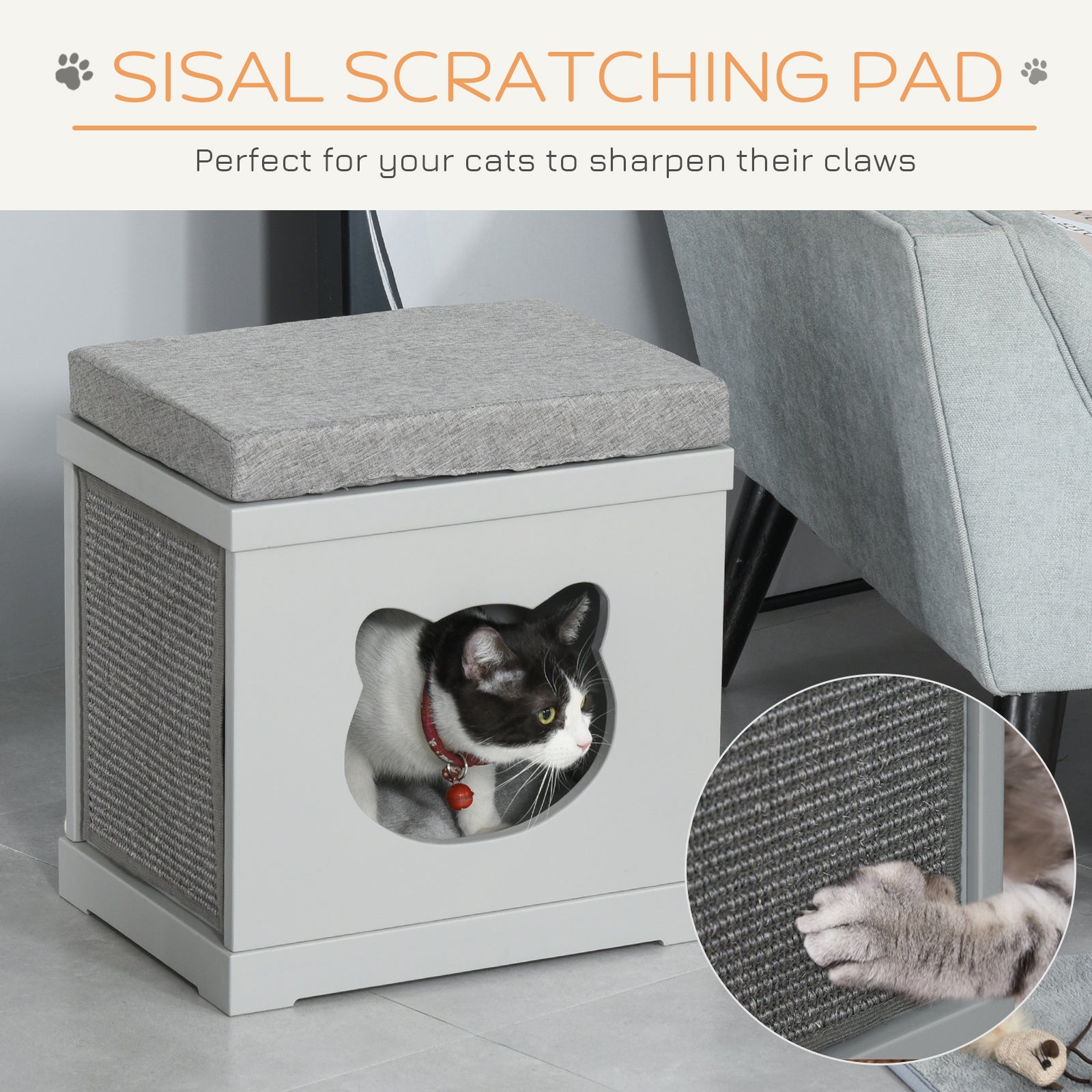 PawHut Cat House Bed Kitten Cave Cube Indoor for Small Pet with Removable Sisal Scratching Pads Soft Cushions, 41x30x36 cm, Grey - North Peak Garden Furniture