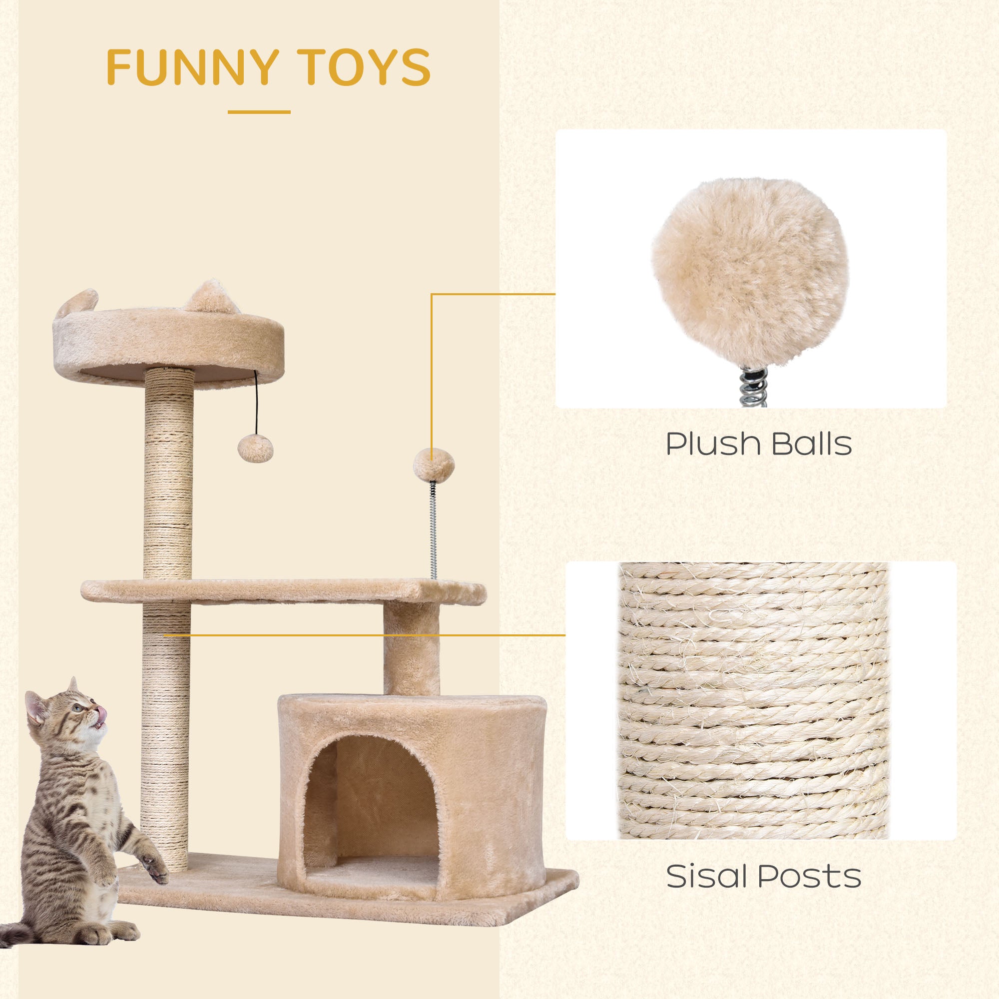 PawHut Cat Scratching Post, 3-Tier Sisal Rope with Playful Toys, Sturdy and Entertaining, Beige