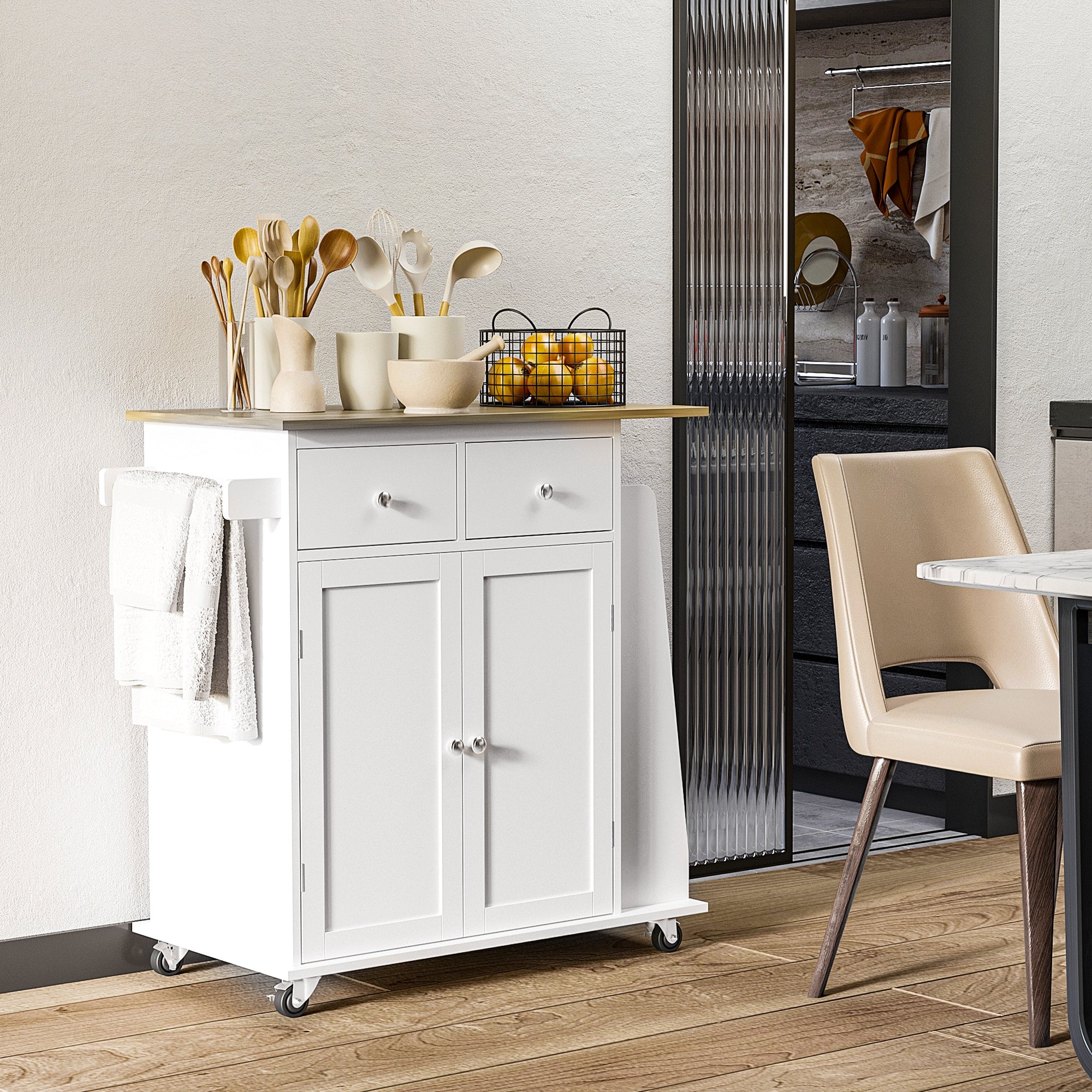 HOMCOM Kitchen Island Storage Cabinet Rolling Trolley with Rubber Wood Top, 3-Tier Spice Rack, Large Cabinet & Drawers - North Peak Garden Furniture