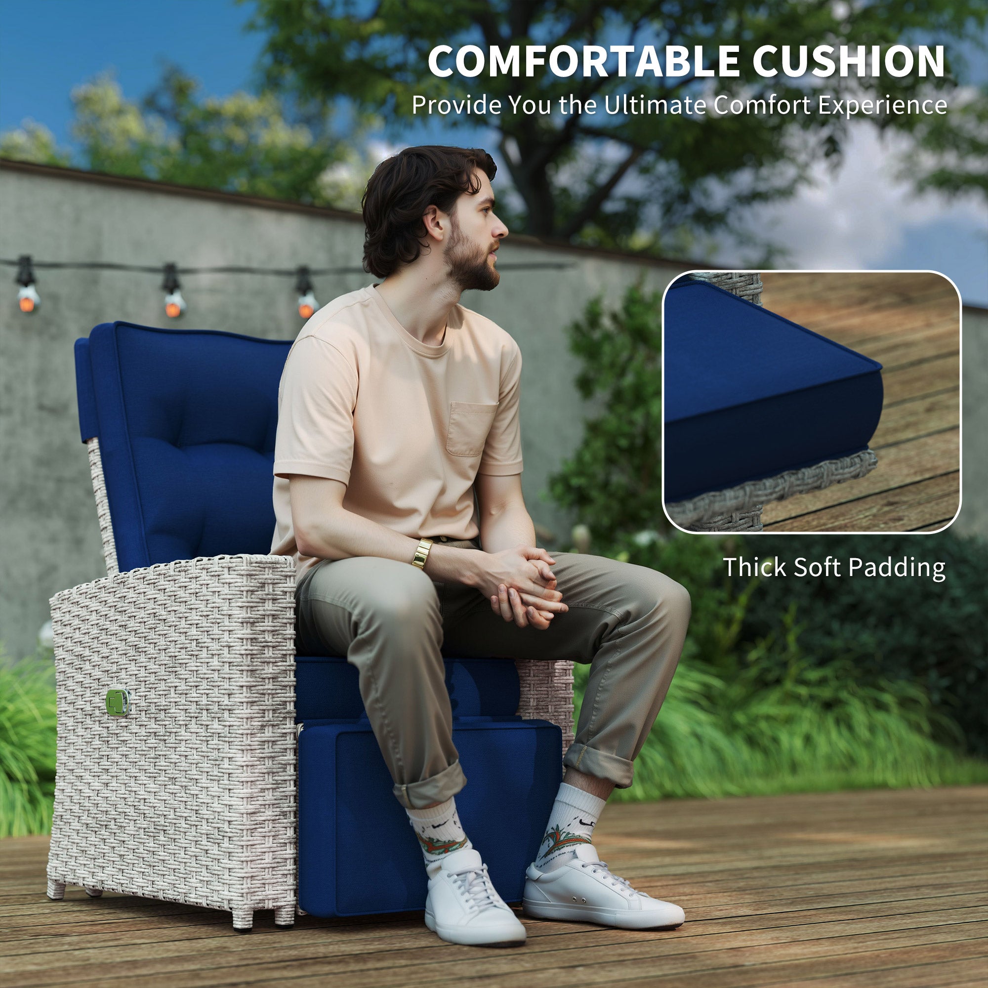 Outsunny 4 Piece Rattan Garden Furniture Set Outdoor Sofa Sectional Set with Glass Top Table for Poolside, Navy Blue - North Peak Garden Furniture