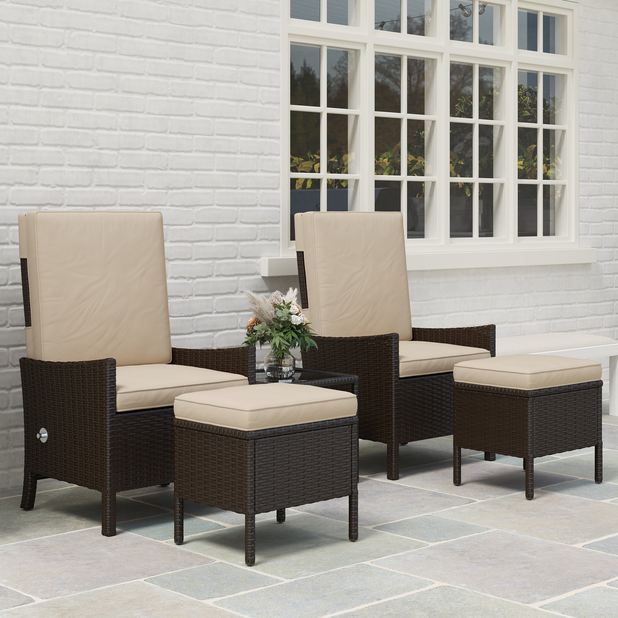 Outsunny 5 Piece Rattan Garden Furniture Set, Wicker Patio Sofa Set with 2 Armchairs, 2 Footstools, Glass Top Coffee Table with Shelf, Outdoor Furniture with Adjustable Backrests, Cushions, Khaki - North Peak Garden Furniture