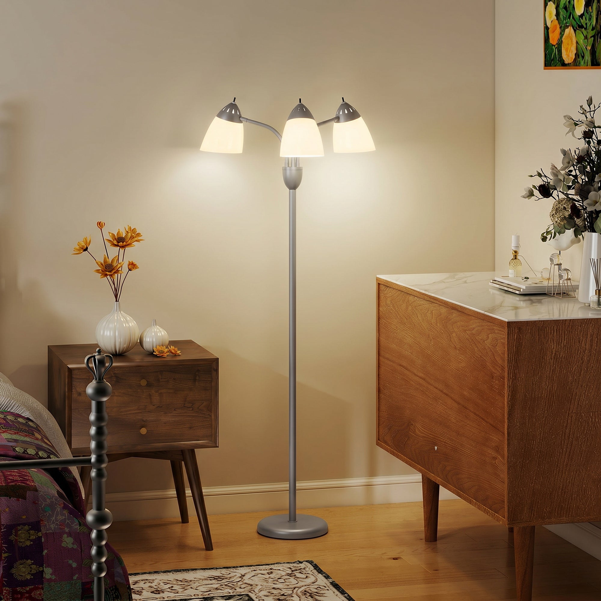 HOMCOM Arc Tree Floor Lamp with 3 Adjustable Rotating Lights, Industrial Standing Lamp with Steel Frame, Silver Tone