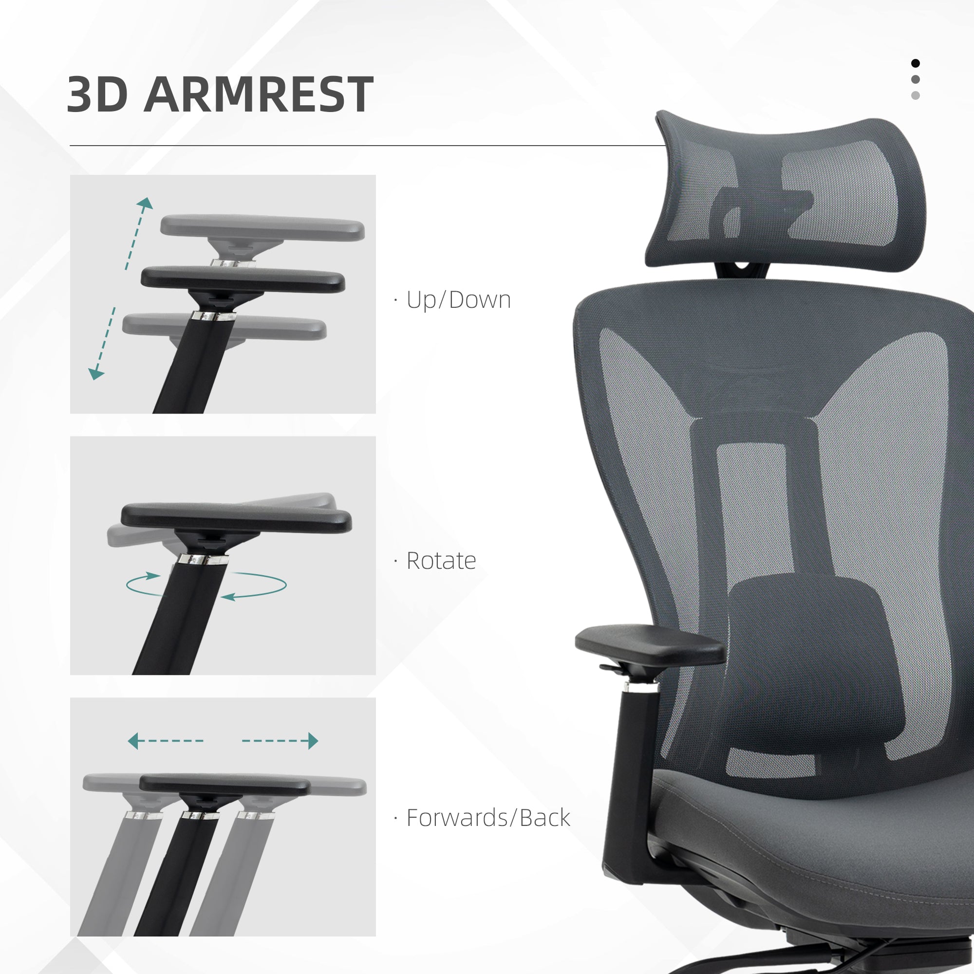 Vinsetto Mesh Office Chair, Ergonomic Desk Chair, Computer Chair with Adjustable Headrest and Lumbar Support, 135° Reclining Back and 3D Armrest for Home Office Study, Grey - North Peak Garden Furniture