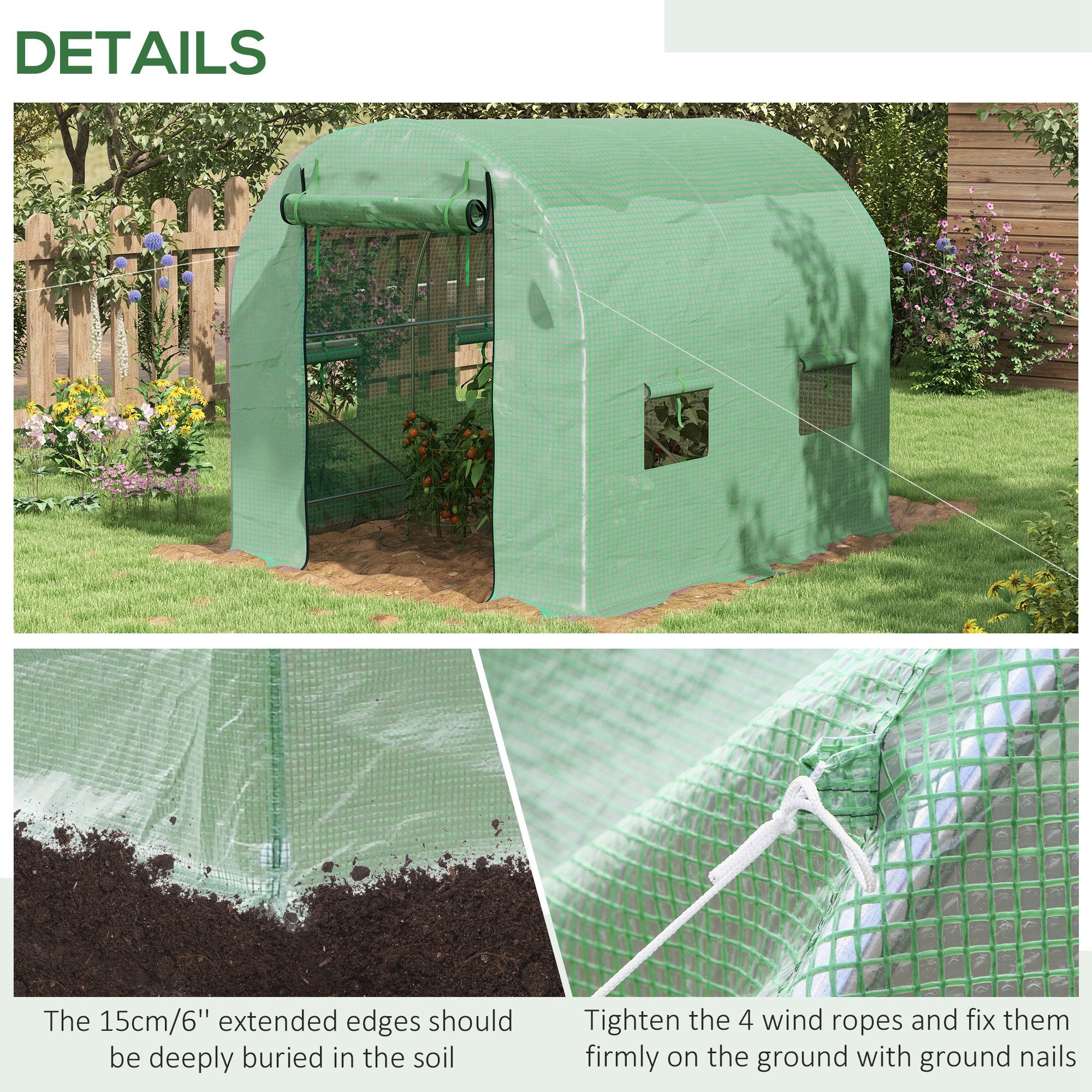 Outsunny Walk-In Garden Polytunnel Greenhouse with Steel Frame, PE Cover, Roll-Up Door and 4 Windows, 2.5 x 2m, Green - North Peak Garden Furniture