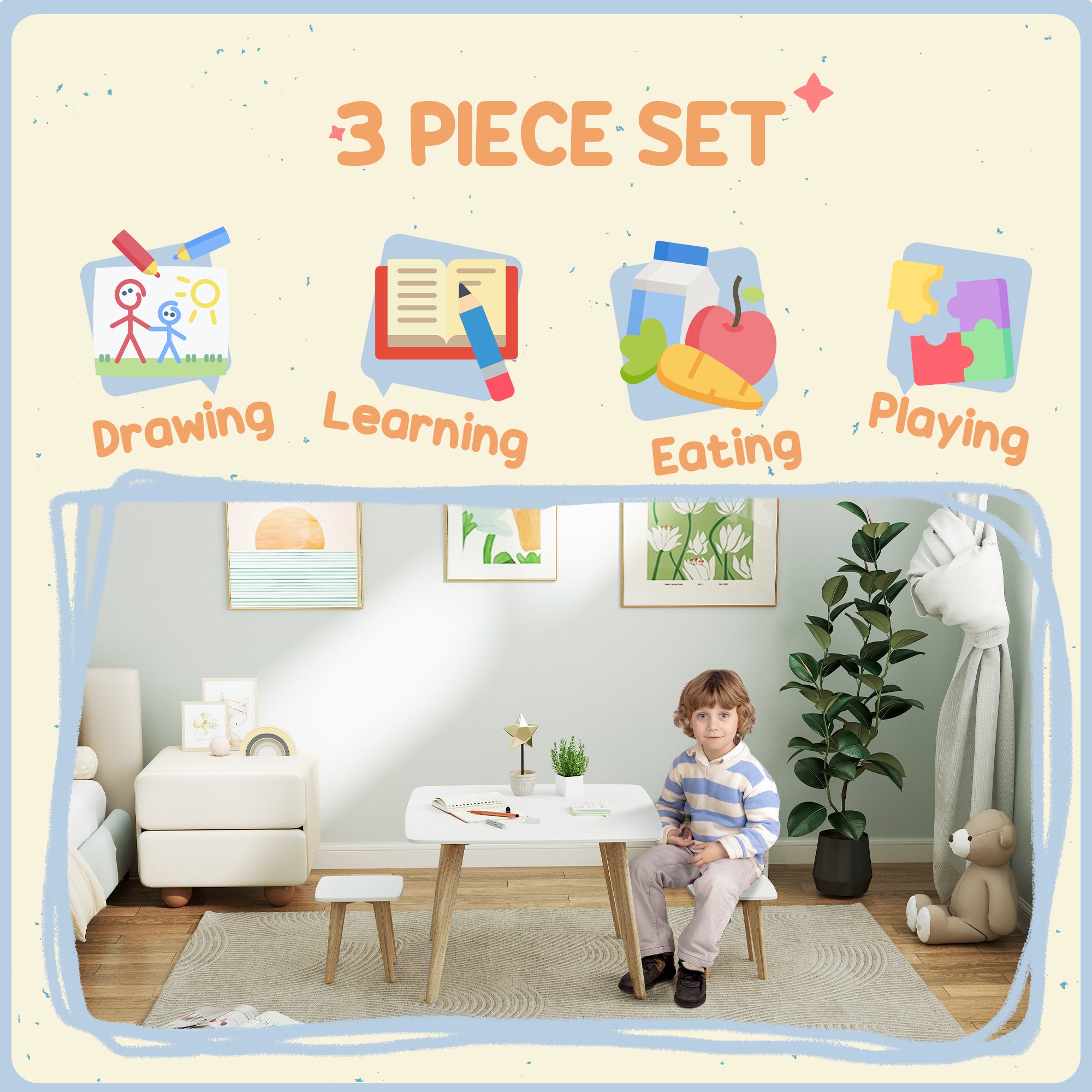 AIYAPLAY Kids Table and Chair Set, 3-Piece Toddler Furniture Set for Playroom, Bedroom, Ages 3-8 Years, White - North Peak Garden Furniture