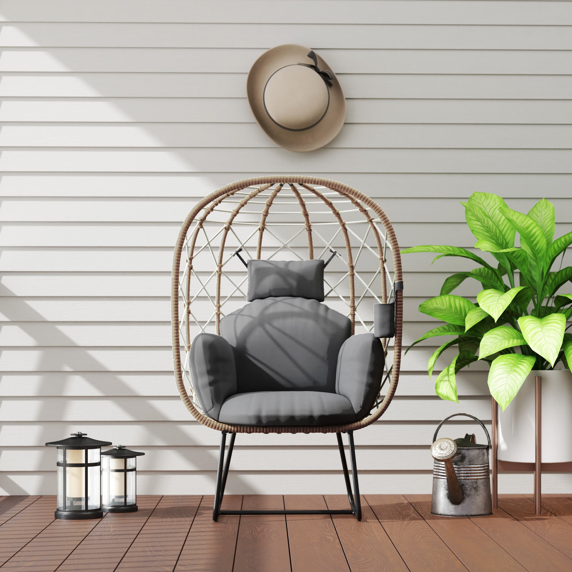 Outsunny Rattan Egg Chair Outdoor Indoor Wicker Chair with Thickened Cushion and Headrest, Standing Garden Egg Chair with Cup Holder, Metal Frame for Patio, Balcony, Brown - North Peak Garden Furniture