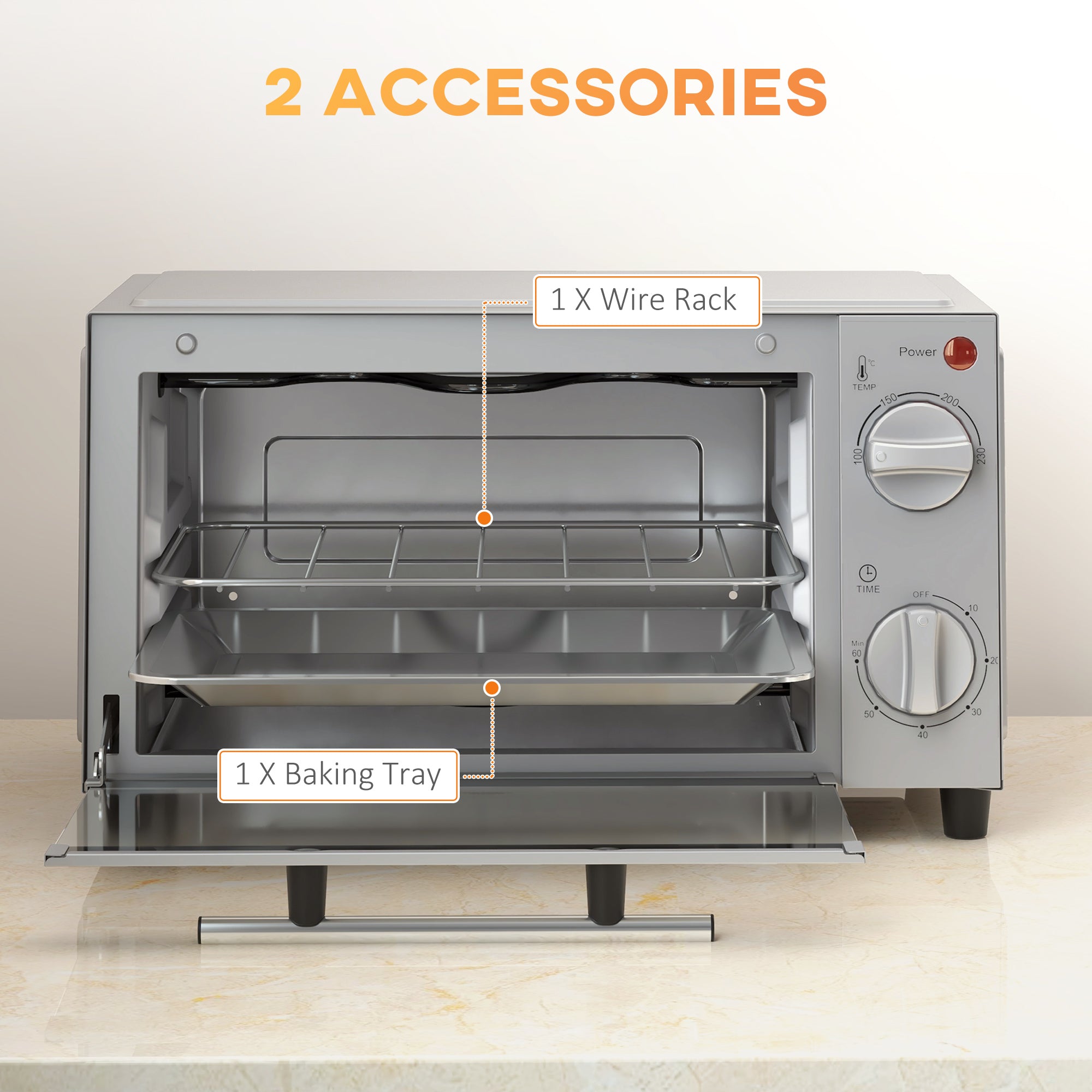 HOMCOM Mini Oven, 9L Countertop Electric Grill, Toaster Oven with Adjustable Temperature, Timer, Dishwasher Safe Baking Tray and Wire Rack, 750W, Silver - North Peak Garden Furniture