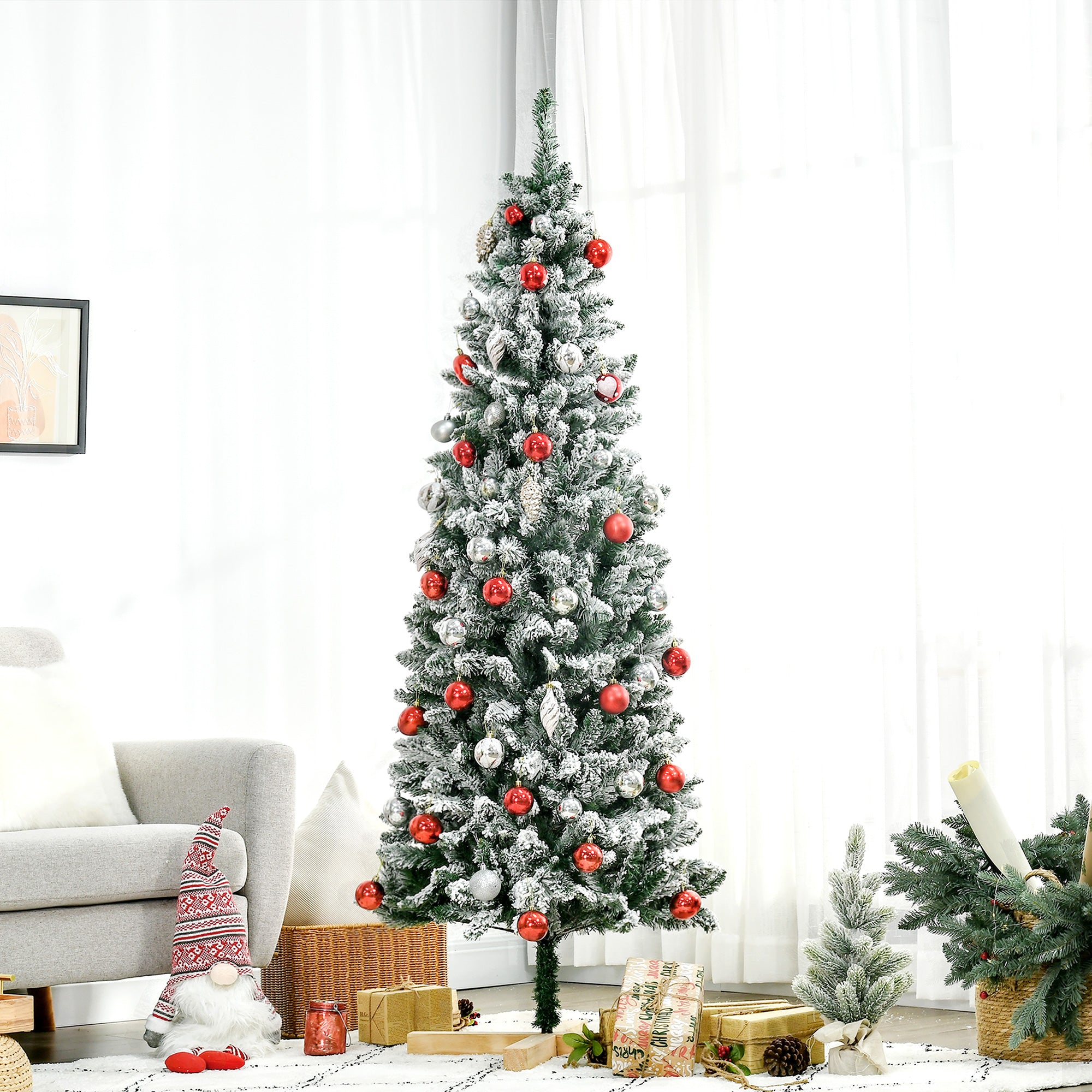 HOMCOM 6 Ft Snow Flocked Artificial Christmas Tree, Xmas Pencil Tree with Realistic Branches, Auto Open, Pinewood Base, Green - North Peak Garden Furniture