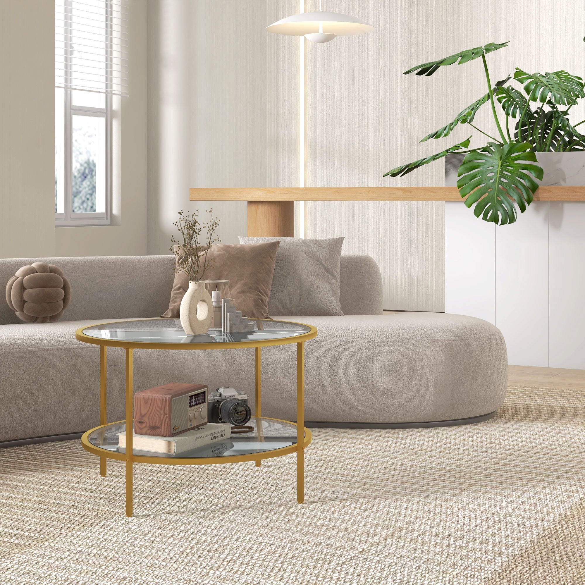 HOMCOM Round Coffee Table with Storage, 2-Tier Tempered Glass Coffee Table with Steel Frame for Living Room, Gold Tone - North Peak Garden Furniture