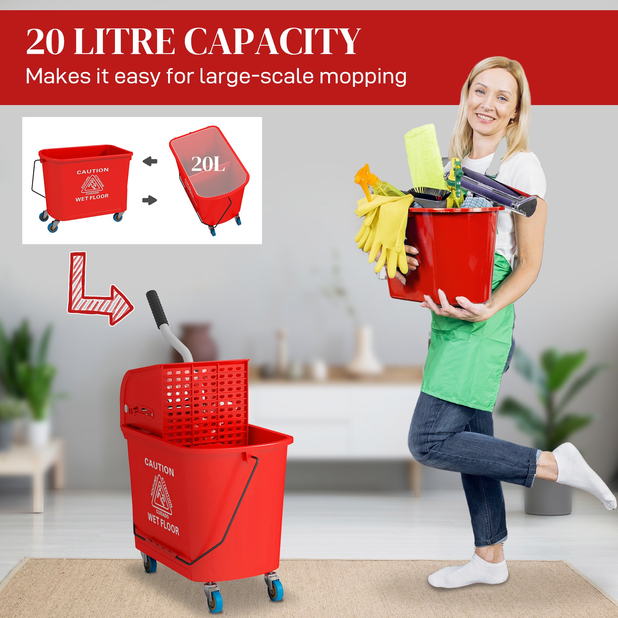 HOMCOM 20L Mop Bucket on Wheels, with Water Separation Panel - Red - North Peak Garden Furniture