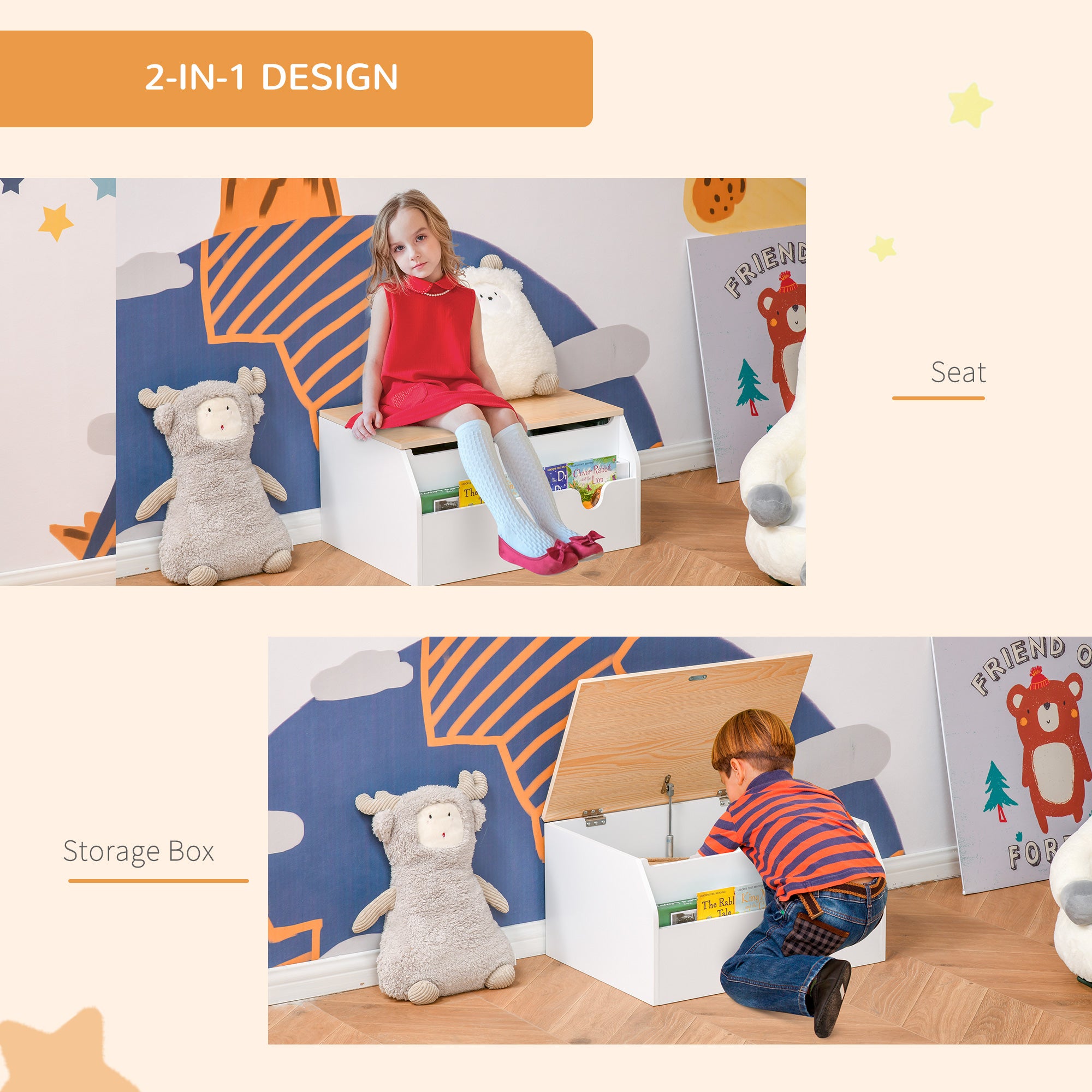 HOMCOM Wooden Kids Toy Box Children Storage Chest Organiser Book Slot Safety Hinge Playroom Furniture White - North Peak Garden Furniture