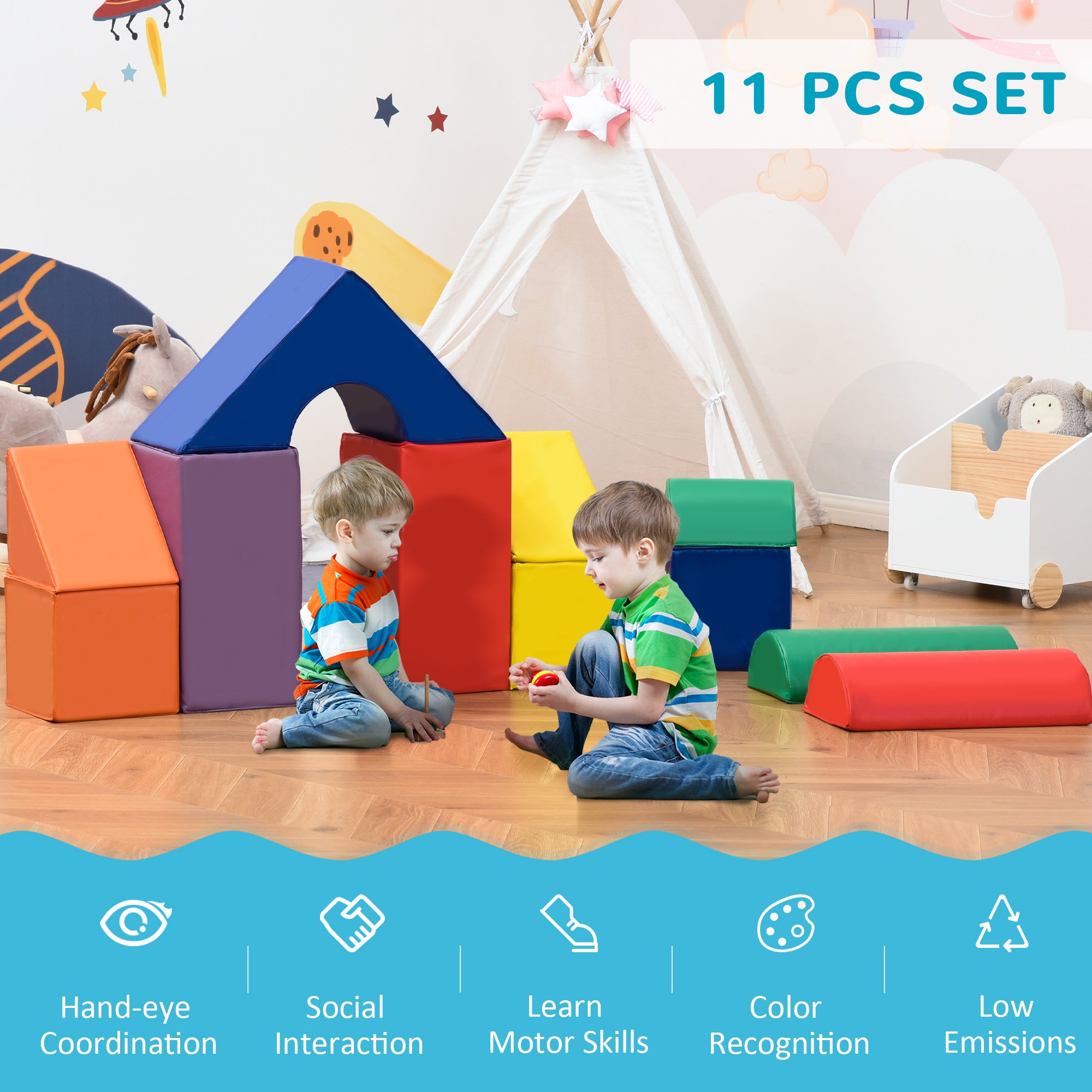 HOMCOM 11 Piece Soft Play Equipment for Toddlers, Soft Play Set Kids Foam Blocks Toys for Climb and Crawl, Multi-colored - North Peak Garden Furniture