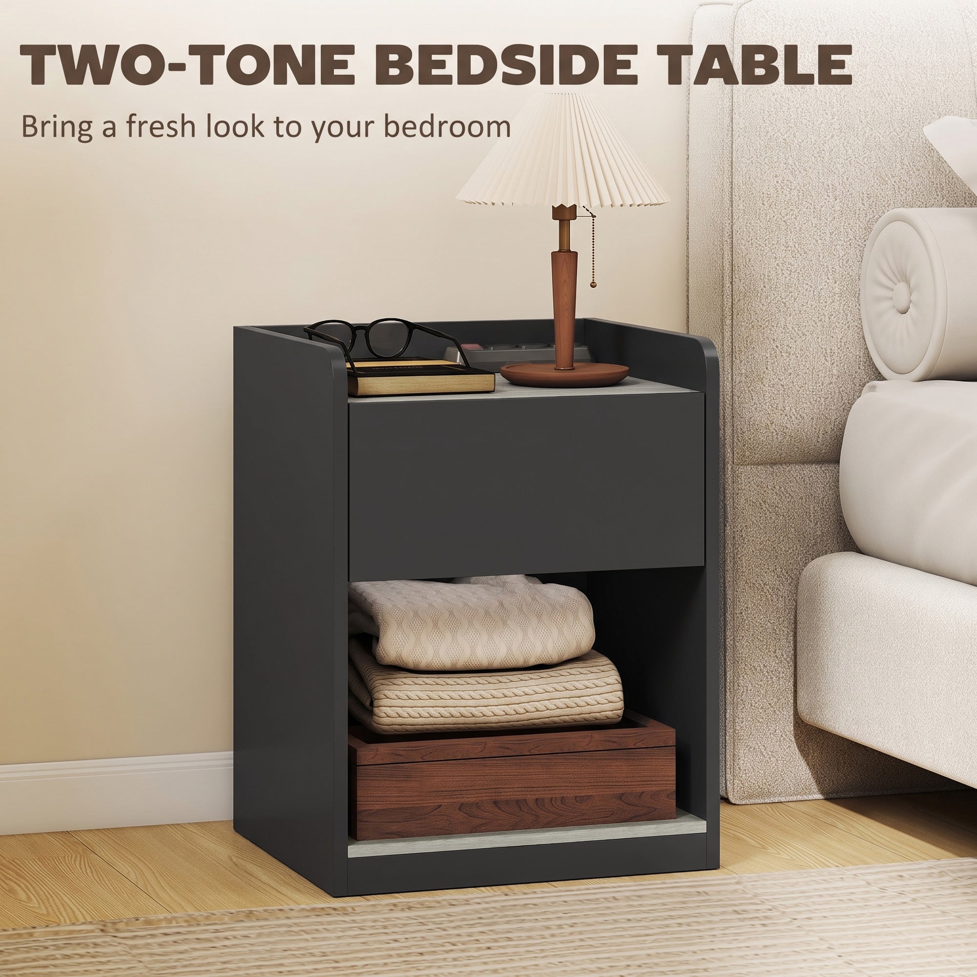 HOMCOM Modern Bedside Table, Slim Nightstand with Drawer, Shelf and Cable Holes, Black and Grey Wood Effect