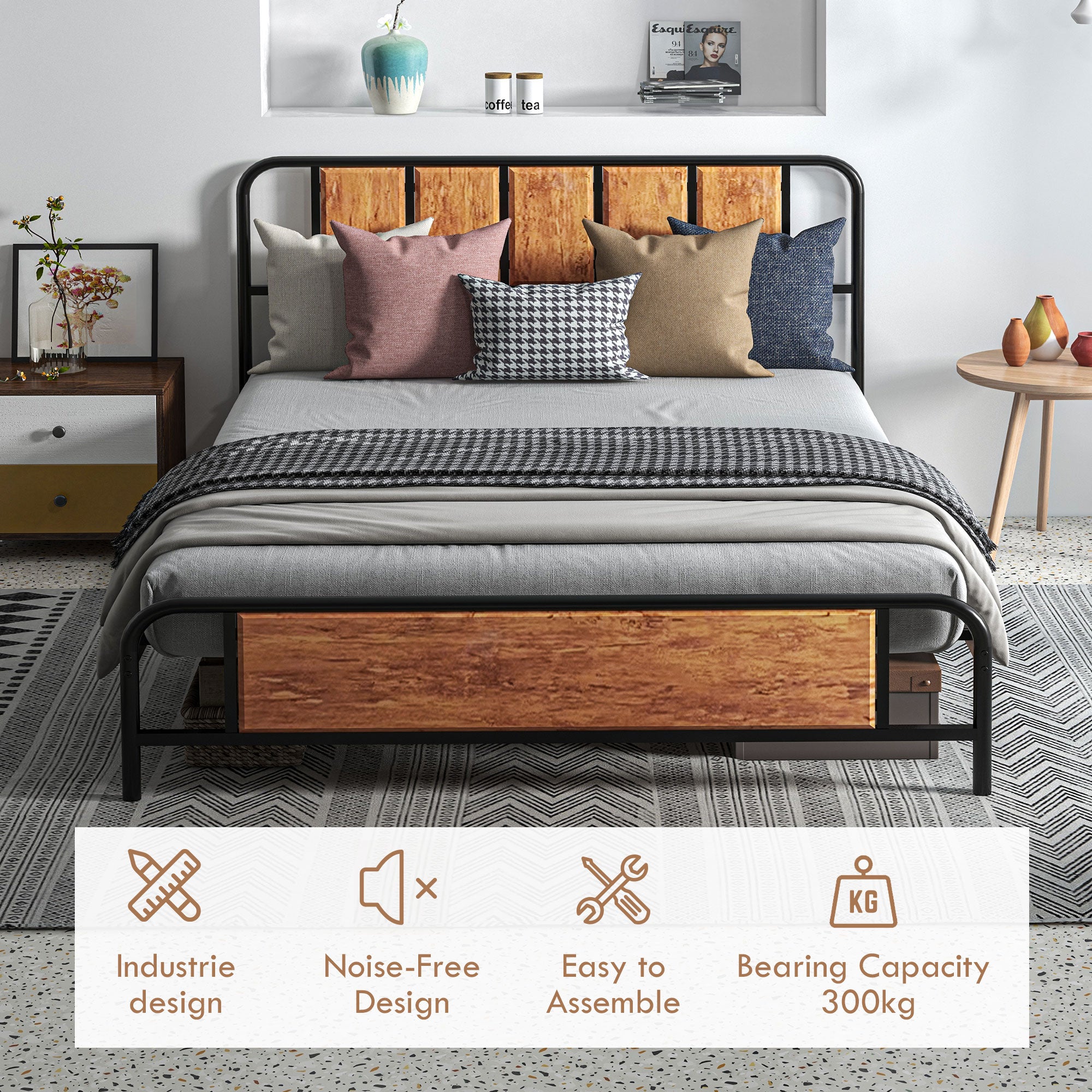 HOMCOM 5.2ft King Bed Frame with Industrial Wood Headboard, Steel Slat Support and 31cm Underbed Storage Space, 160 x 207cm, Rustic Brown - North Peak Garden Furniture